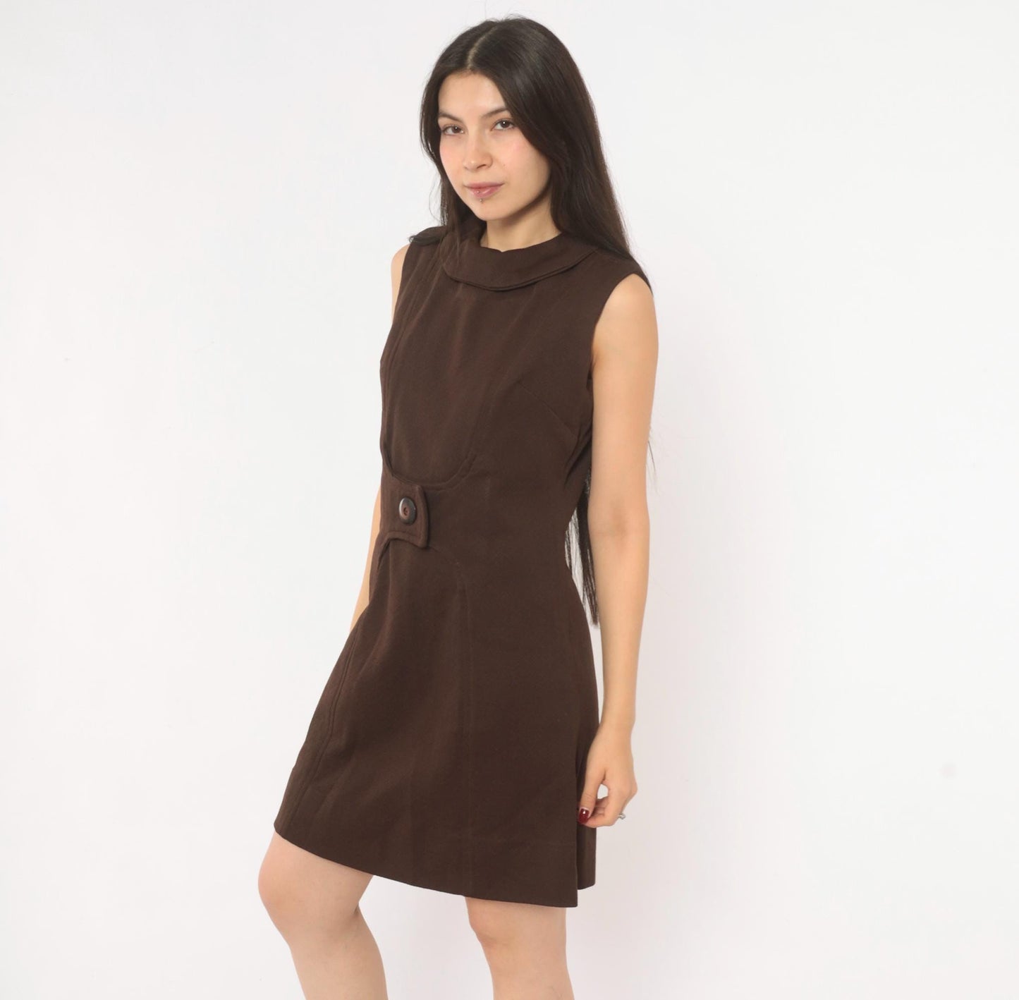 60s Mod Shift Dress Chocolate Brown Sleeveless A-Line Mini Small