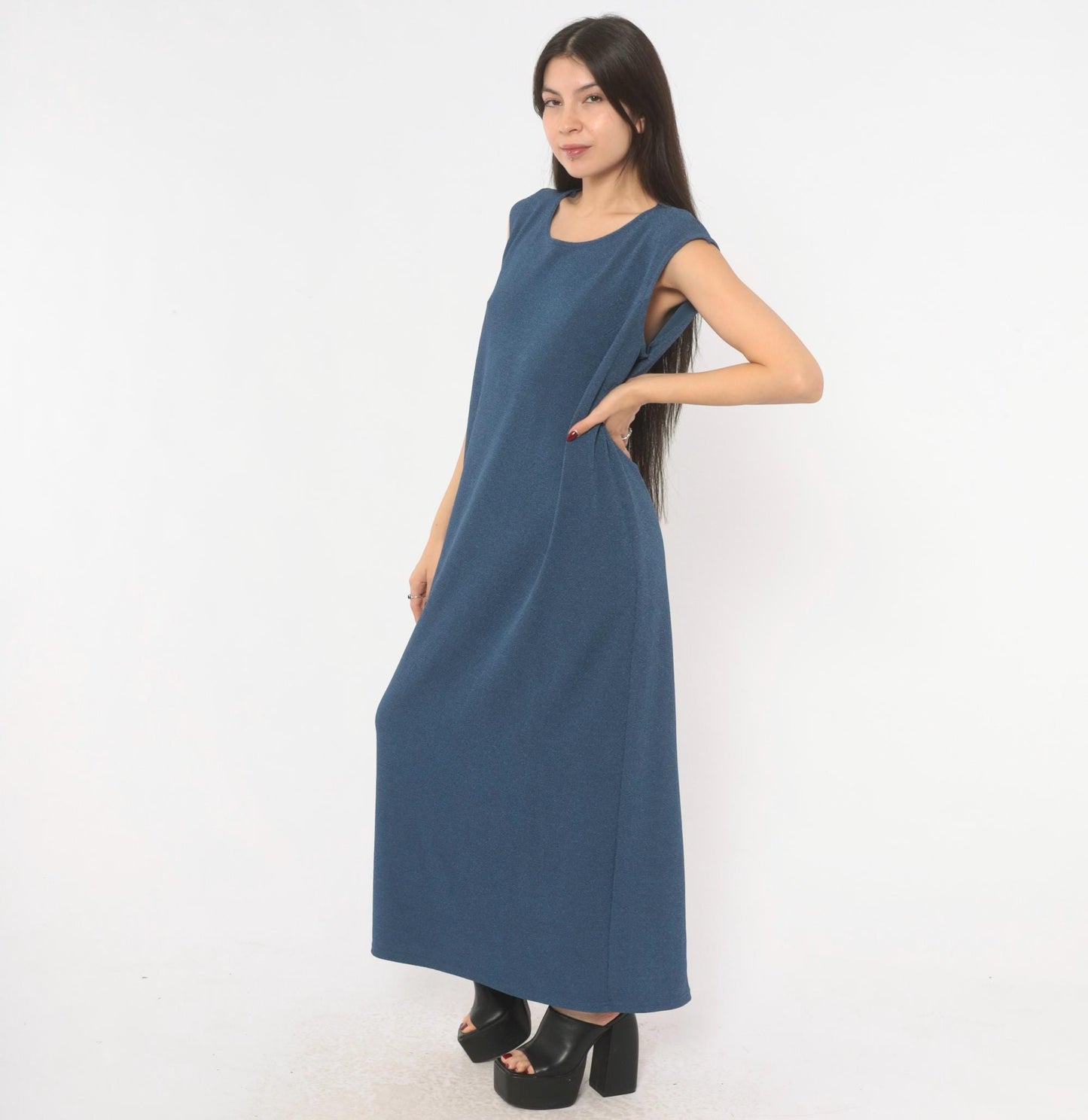 90s Slate Blue Sleeveless Maxi Dress Column Shift Scoop Neck Extra Large XL