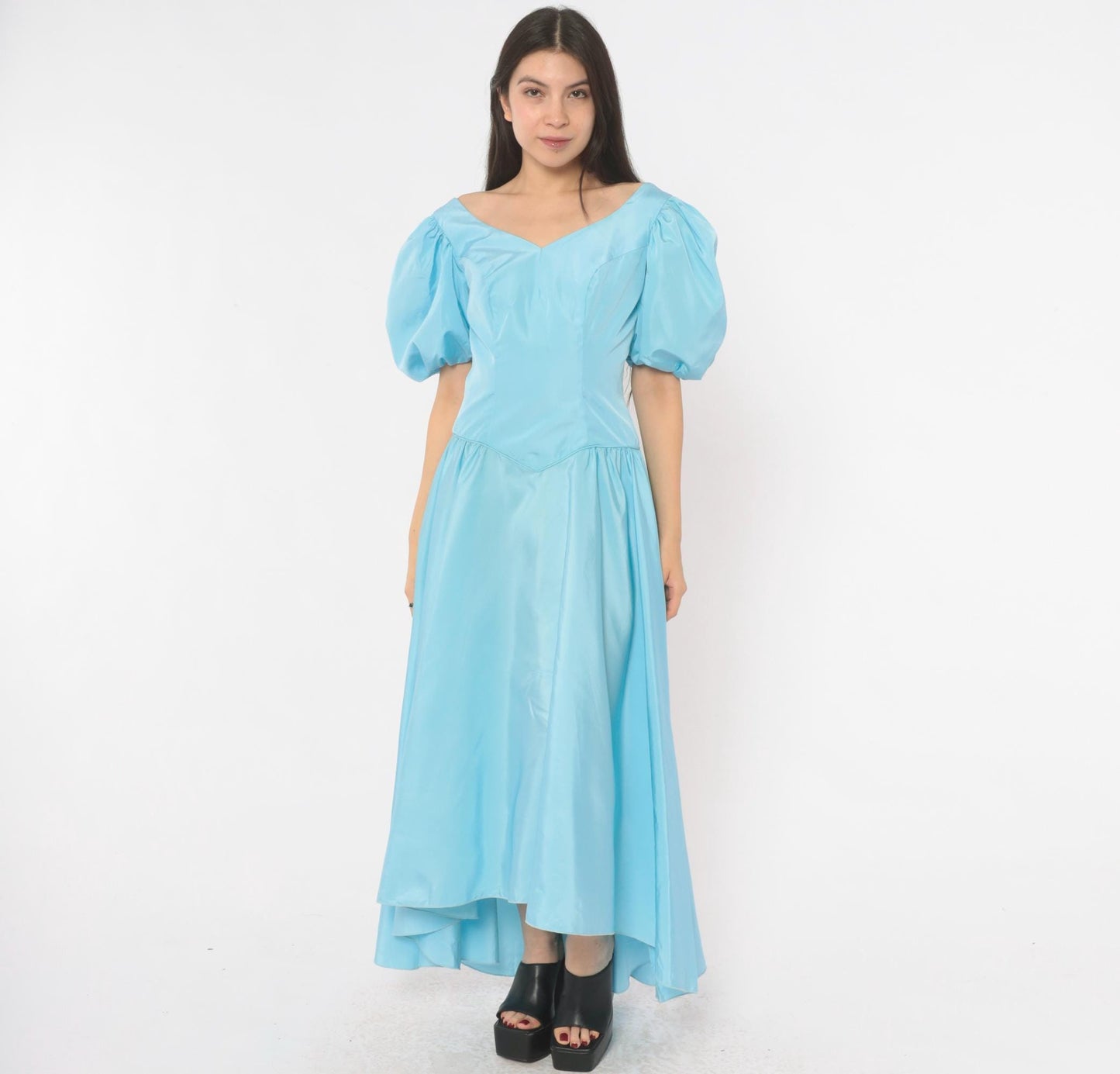 80s Sky Blue Puff Sleeve Gown Sweetheart Neckline Bow Back Maxi Medium M