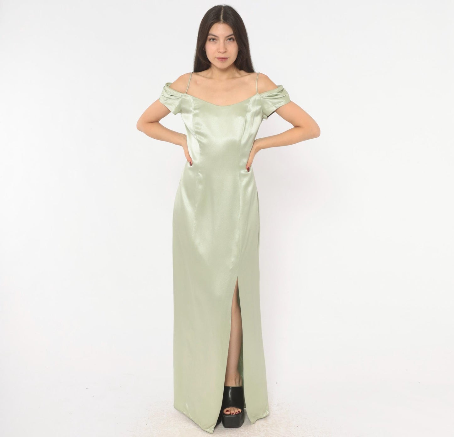 90s Bill Levkoff Sage Green Cold Shoulder Maxi Gown Medium M