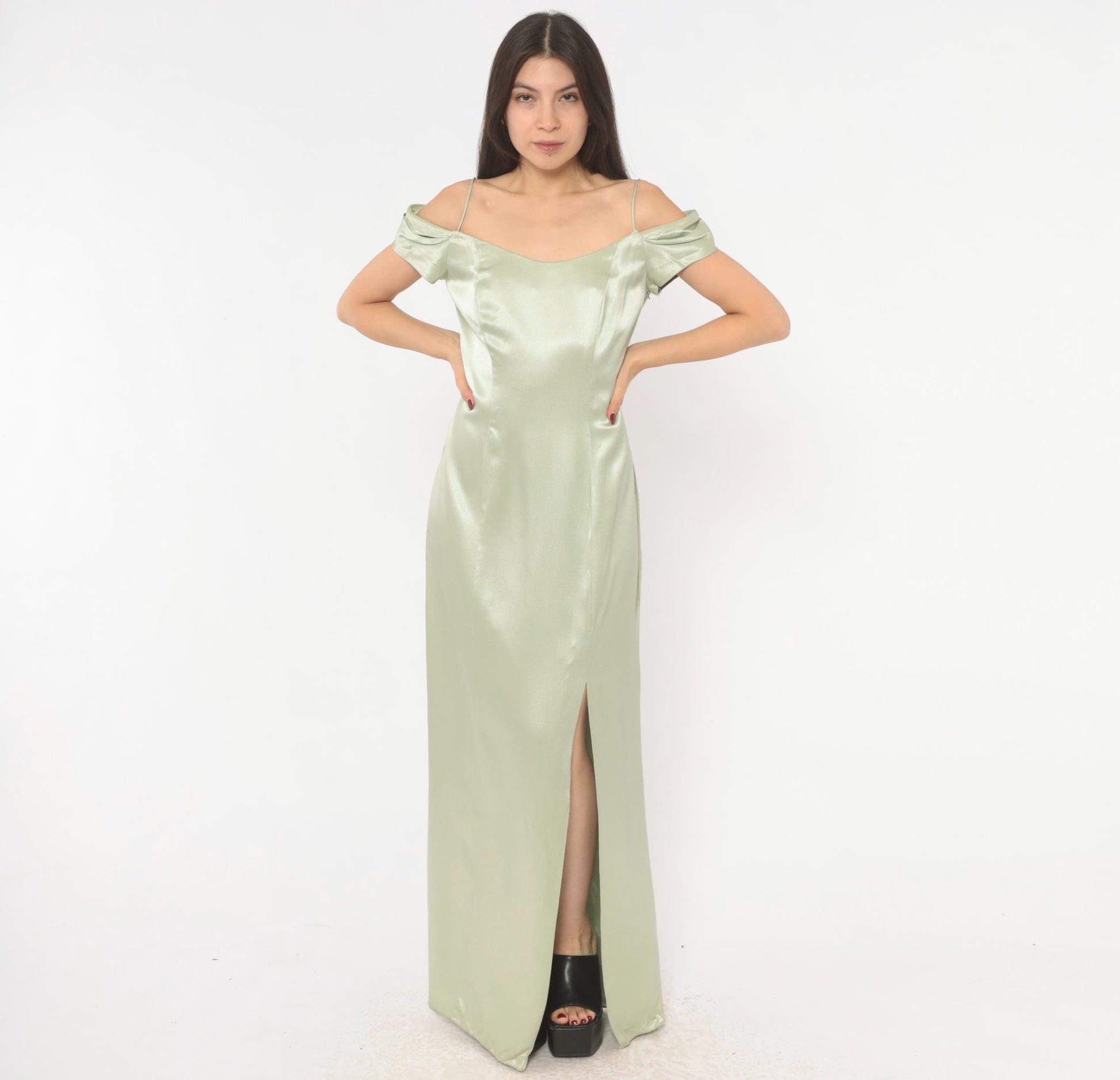 90s Bill Levkoff Sage Green Cold Shoulder Maxi Gown Medium M