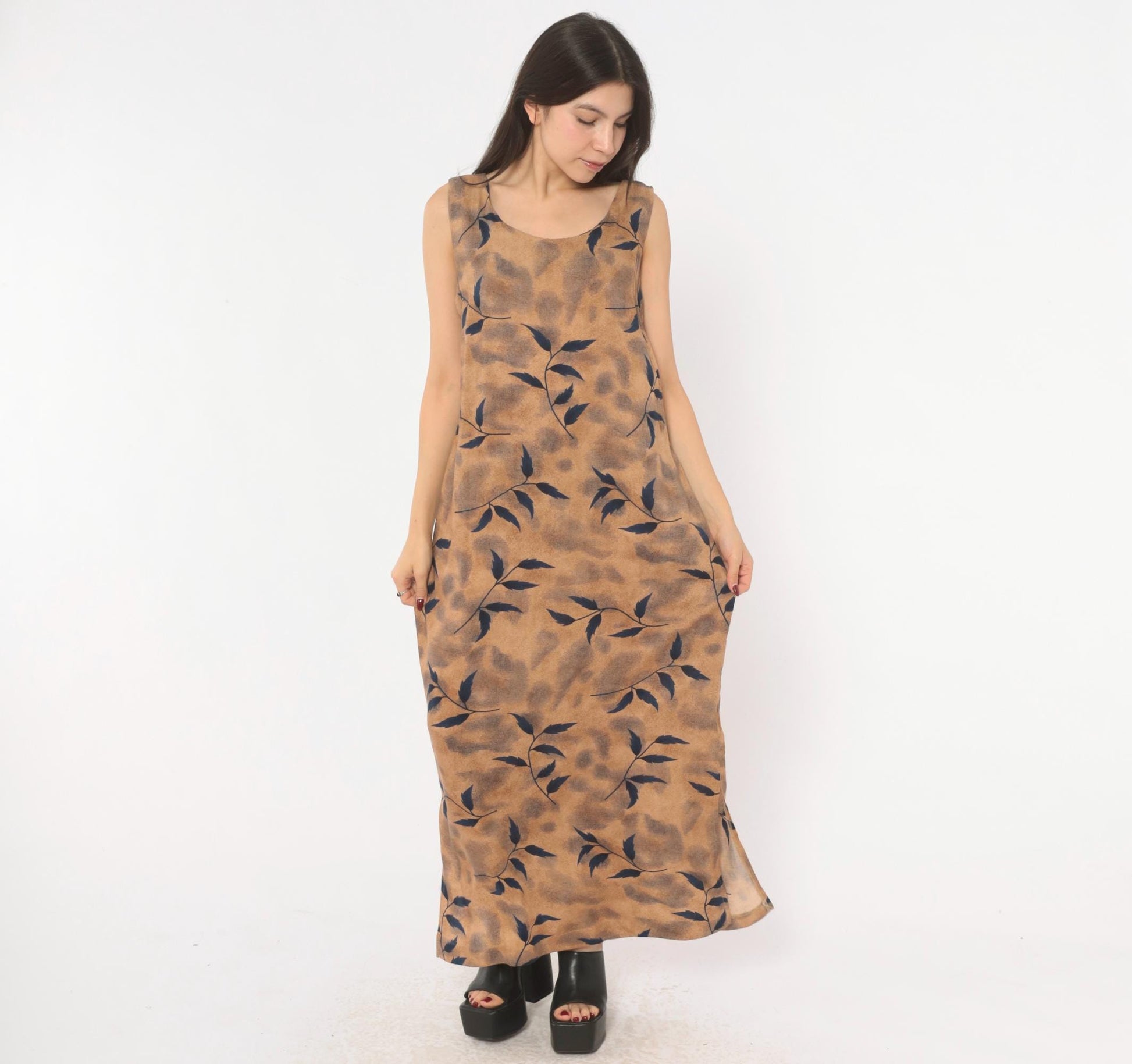 90s Miss Dorby Leaf Print Maxi Dress Tan Navy Sleeveless Medium M