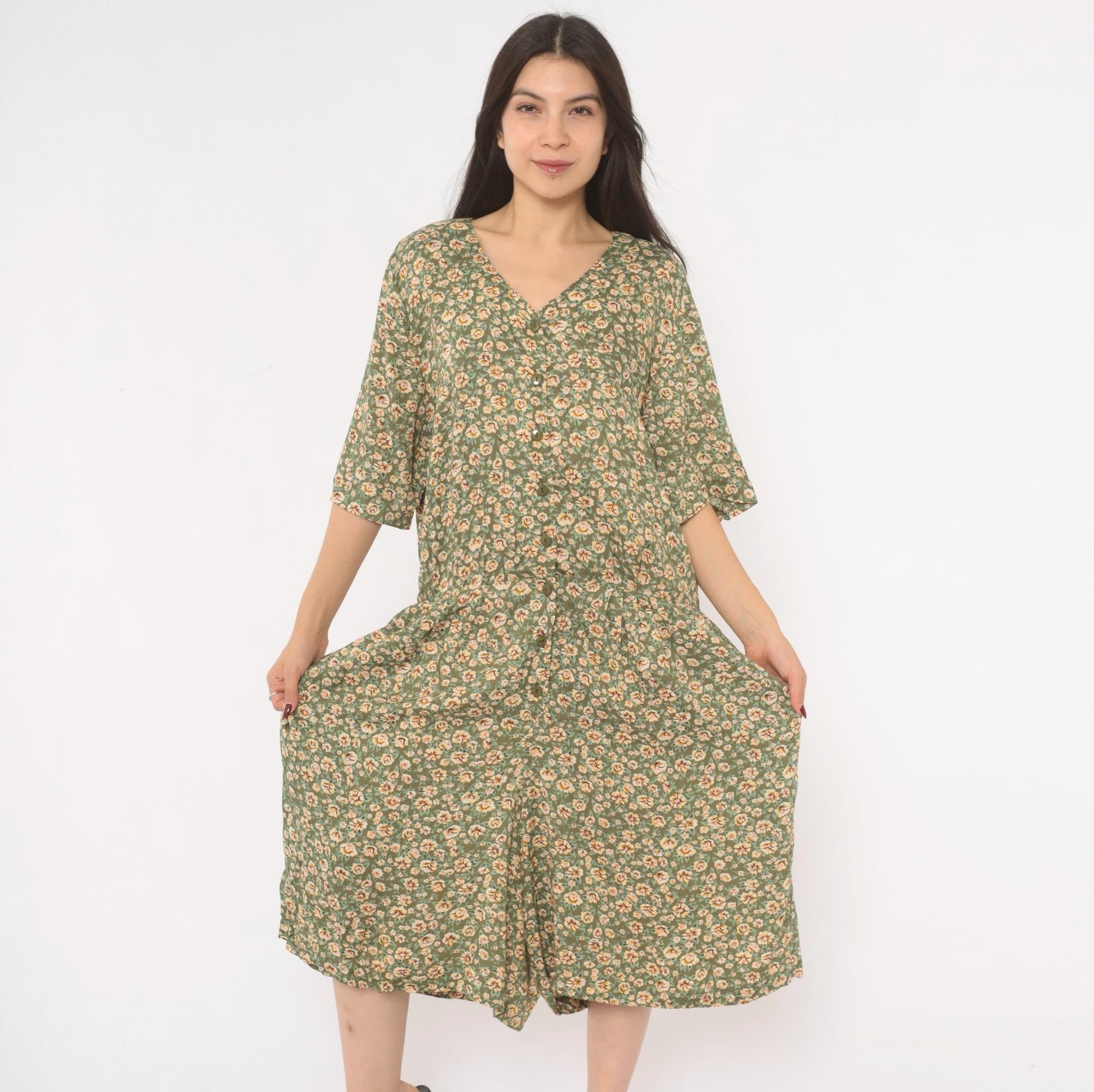 90s Westport Ltd. Floral Midi Romper Button Front Calico Print Olive Cream Extra Large XXL