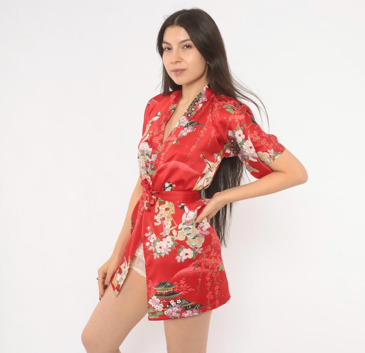 90s Red Geisha Cherry Blossom Satin Kimono Robe Mini XXS