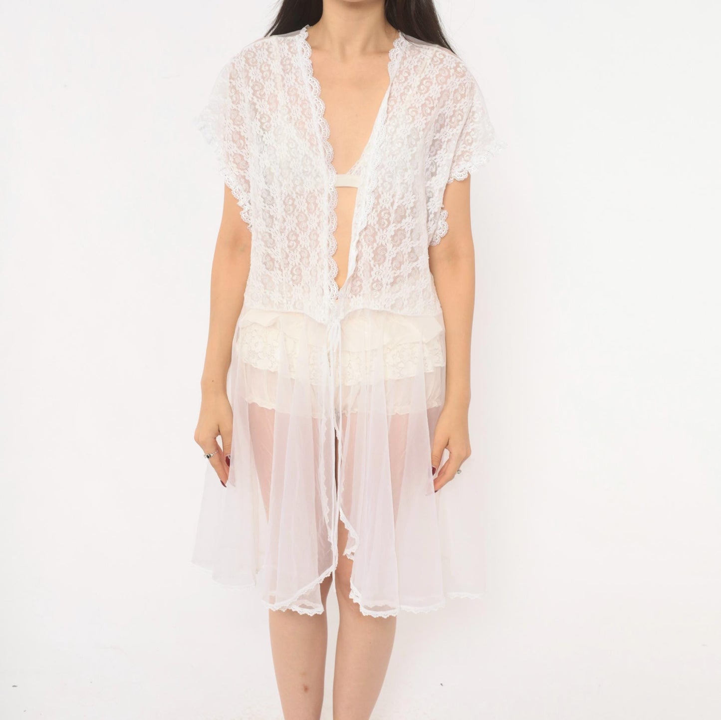 90s Delicates Woman White Lace Peignoir Robe Knee-Length Plus Size 2X