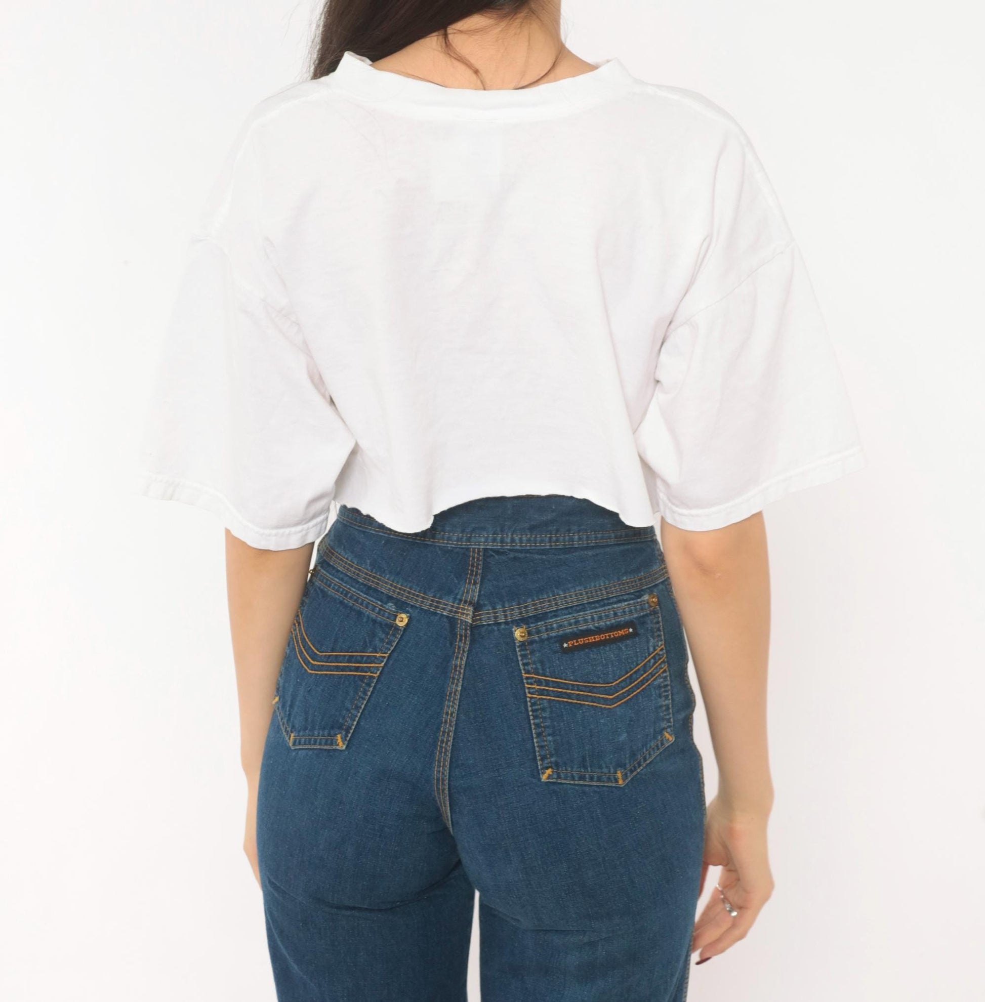 90s Fruit Of The Loom Cat Checkered Graphic Crop Top White Cotton Medium