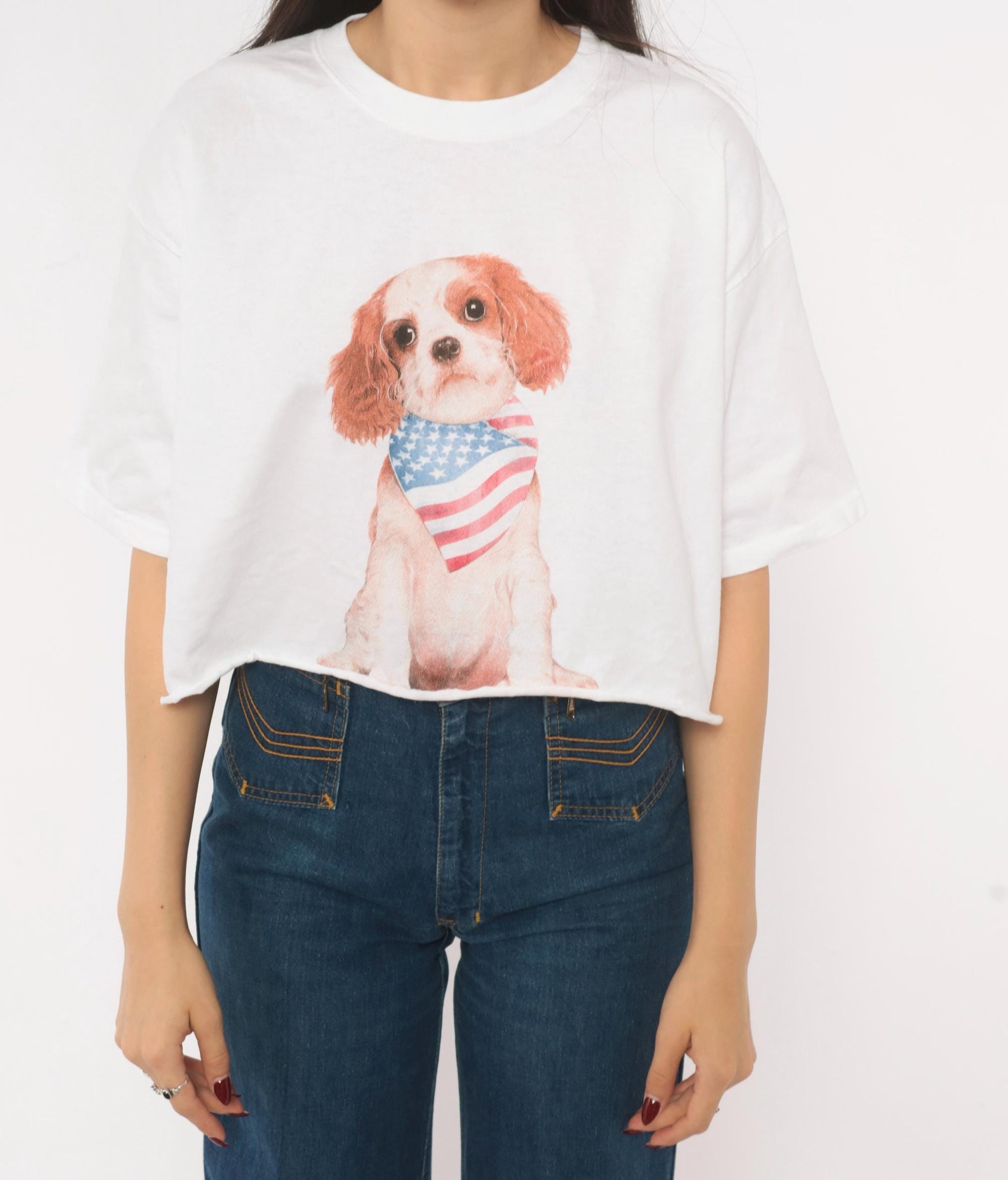 90s Yazbek Puppy Dog American Flag Bandana Graphic Crop Tee White Cotton Medium