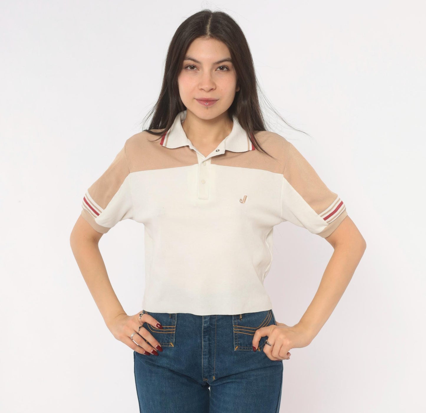 80s Jantzen Polo Cream Tan Color Block Snap Button Knit Top Small S