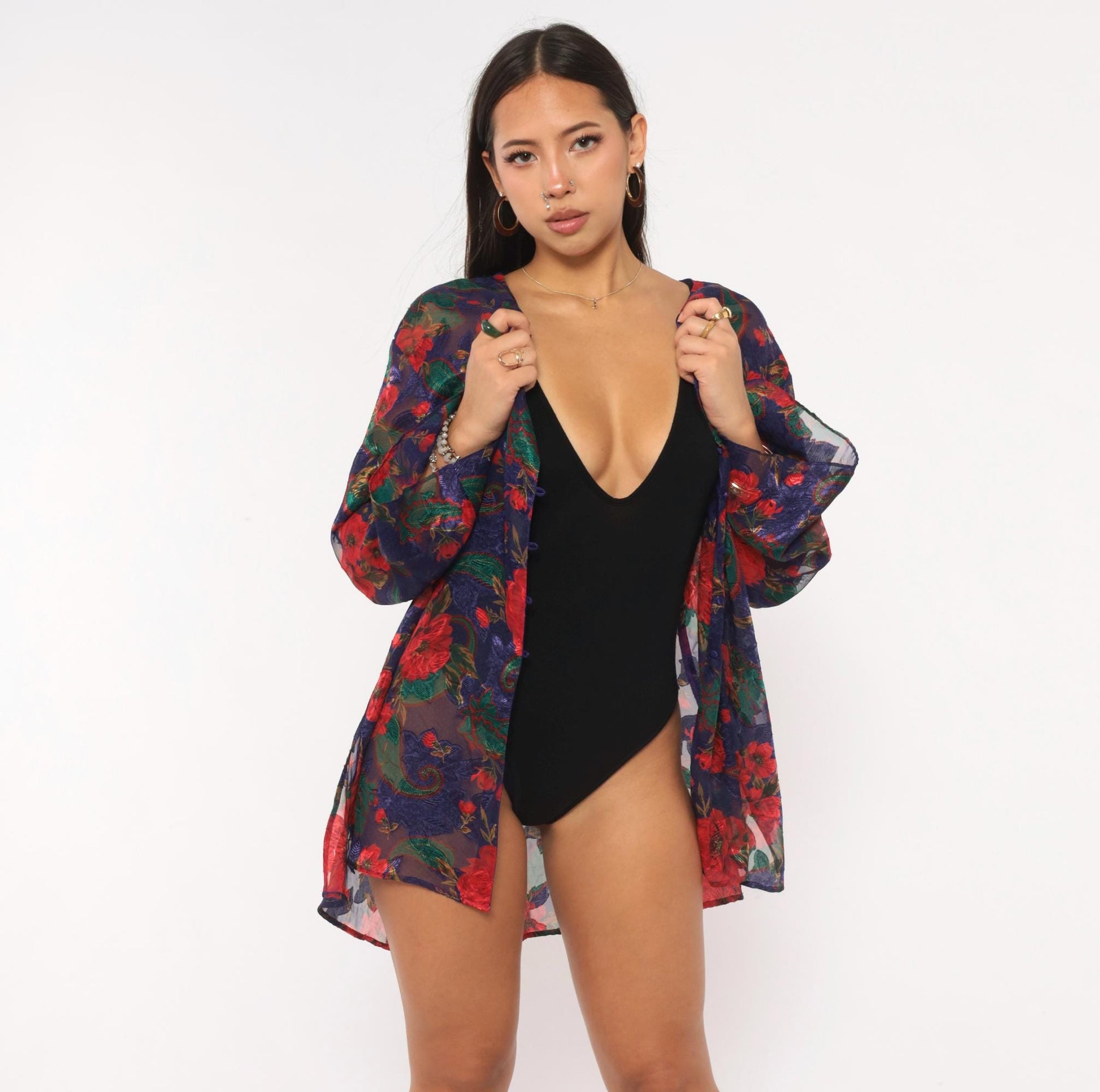 90s Victoria's Secret Sheer Robe Navy Red Floral Bell Sleeve Button Front Medium