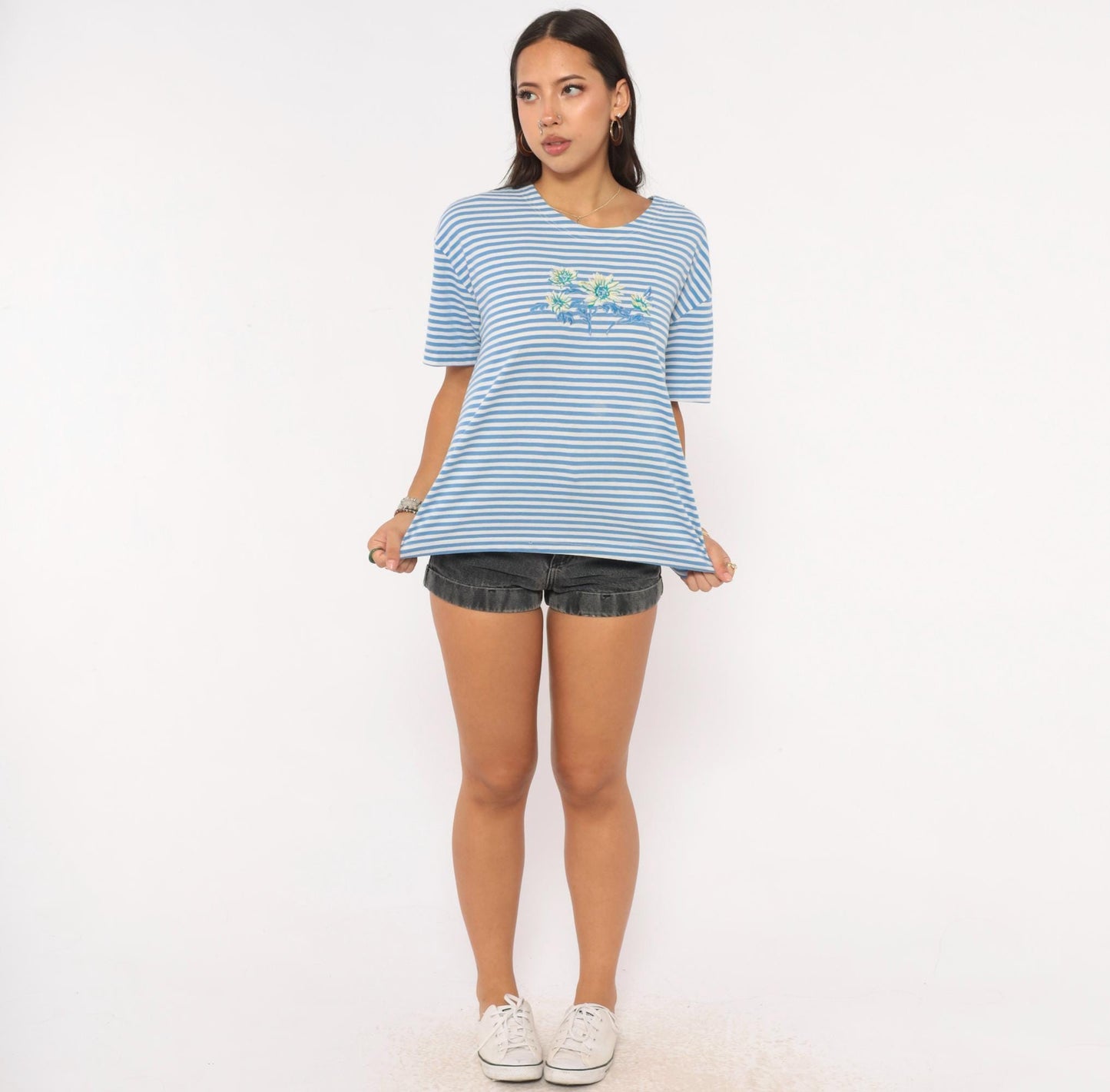 90s Shenanigans Blue White Striped Floral Embroidered Tee Large