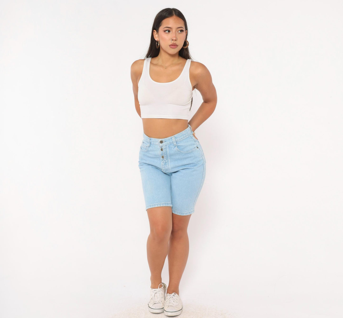 90s Bonjour Light Wash Denim Bermuda Shorts High Rise Button Fly Women's 26