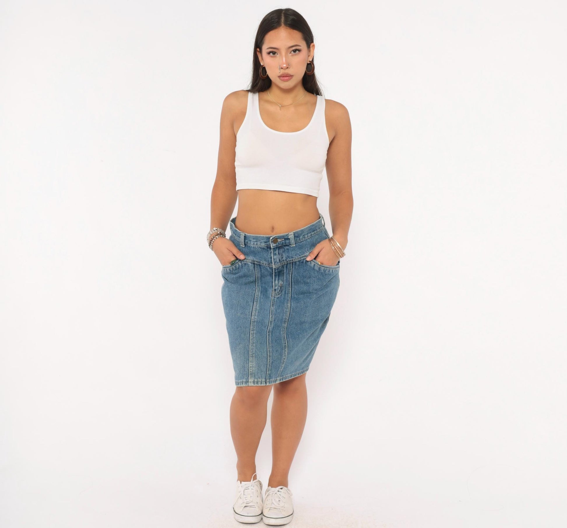 90s Stefano Denim Pencil Skirt High Waist Paneled Seam Blue Cotton Medium M