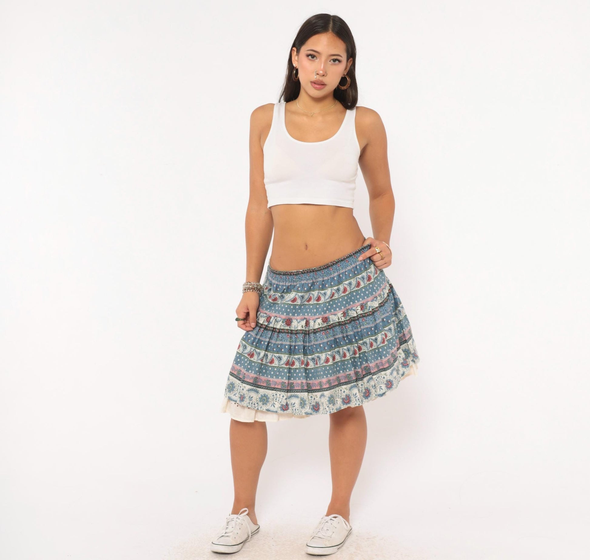 90s New Girls' Generation Tiered Prairie Skirt Blue Burgundy Floral Large L