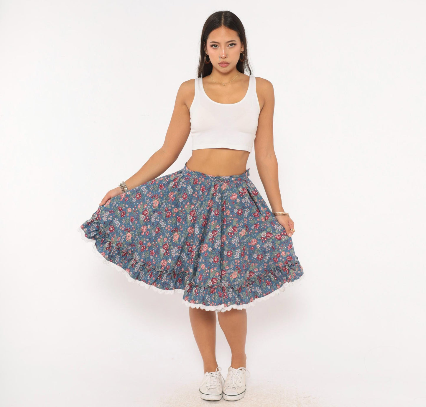 80s Dusty Blue Floral Circle Skirt Cotton Ruffled Lace Trim Small S