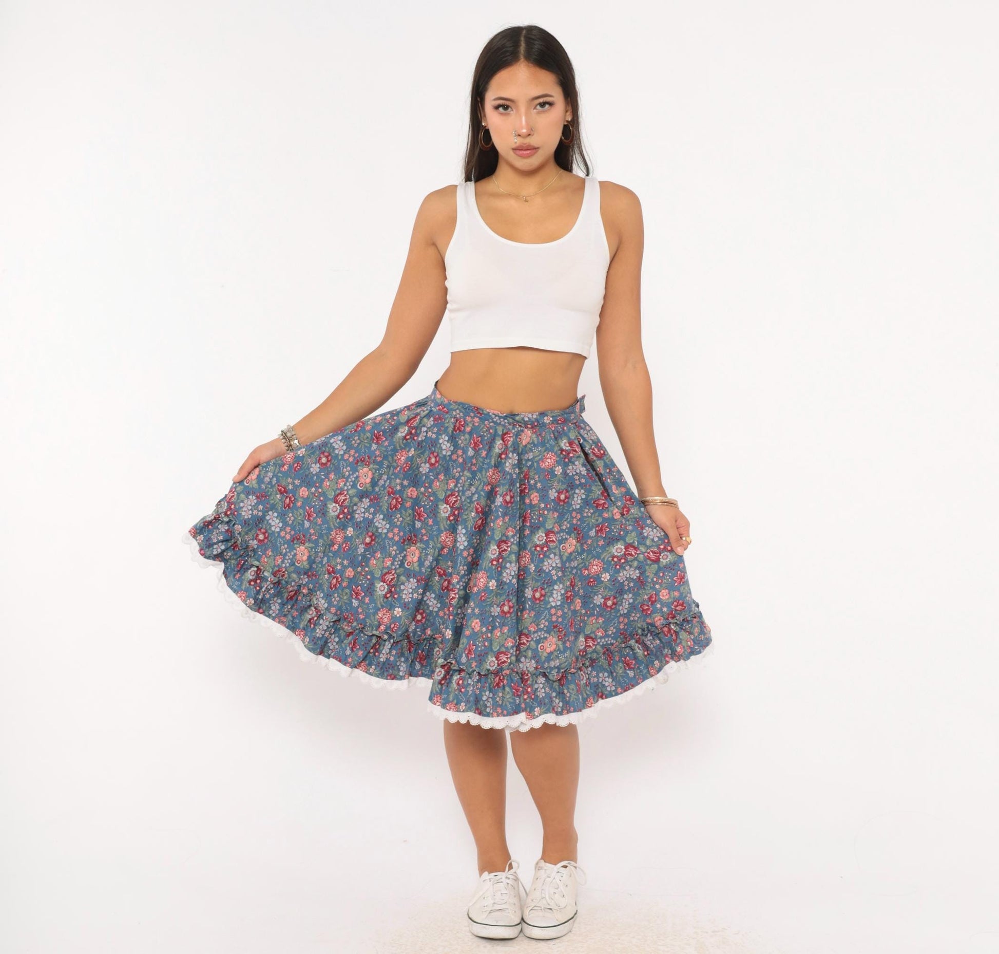 80s Dusty Blue Floral Circle Skirt Cotton Ruffled Lace Trim Small S