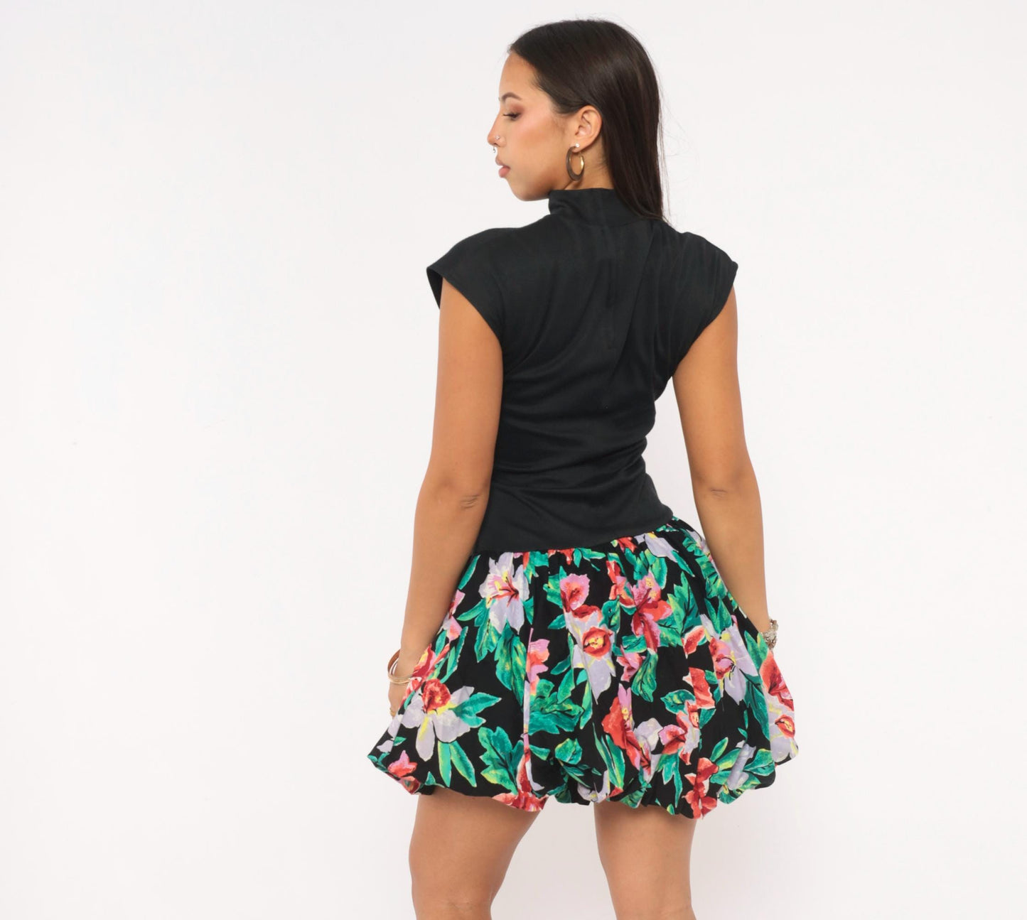 80s Byer Too! Floral Bubble Mini Dress Mock Neck Cap Sleeve Black Small
