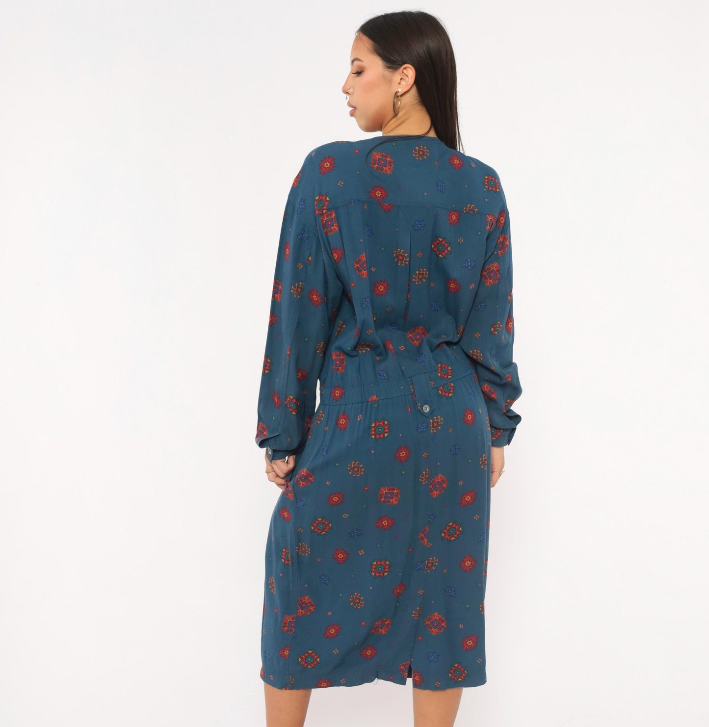 90s Liz Claiborne Geometric Folk Midi Dress Navy Button Front Extra Large XL