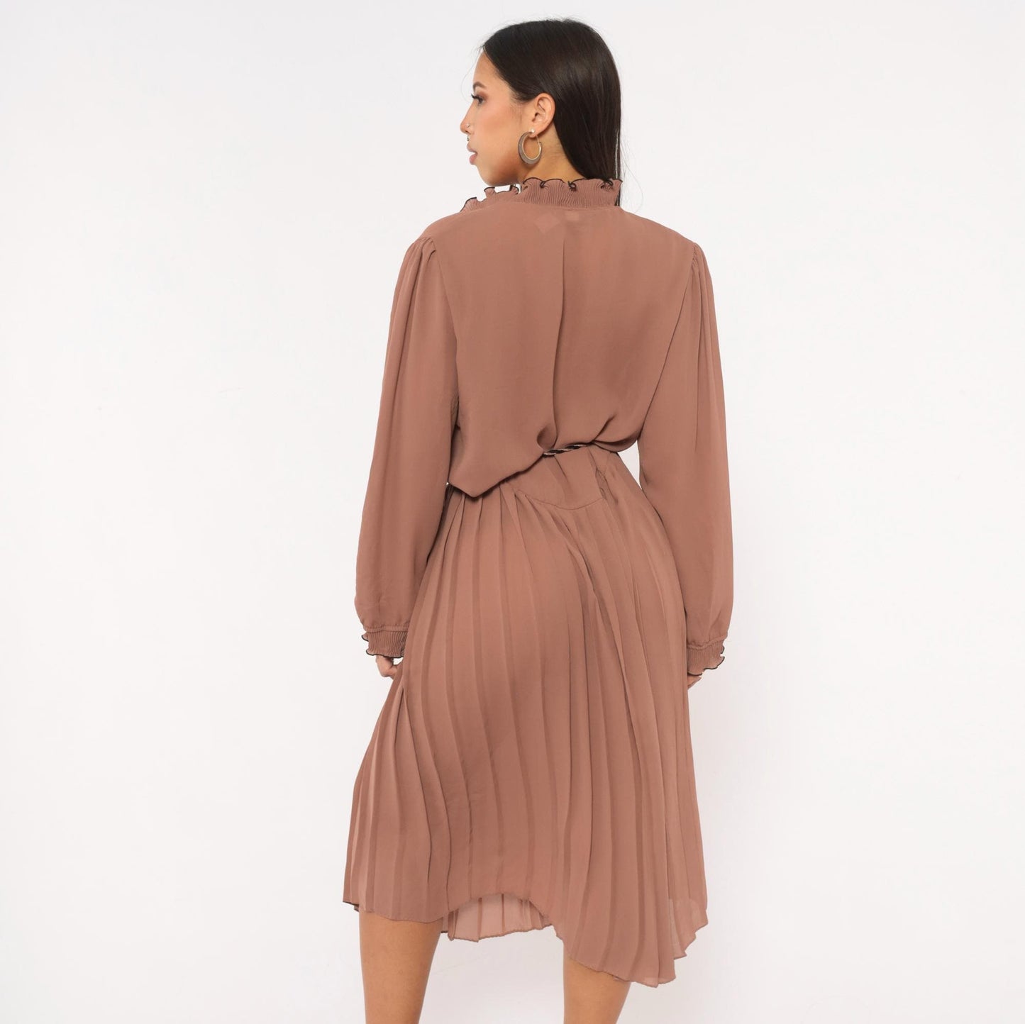 80s Cobina Mauve Pleated Dress Ruffled Collar V-Neck Blouson Sleeve Extra Large XL