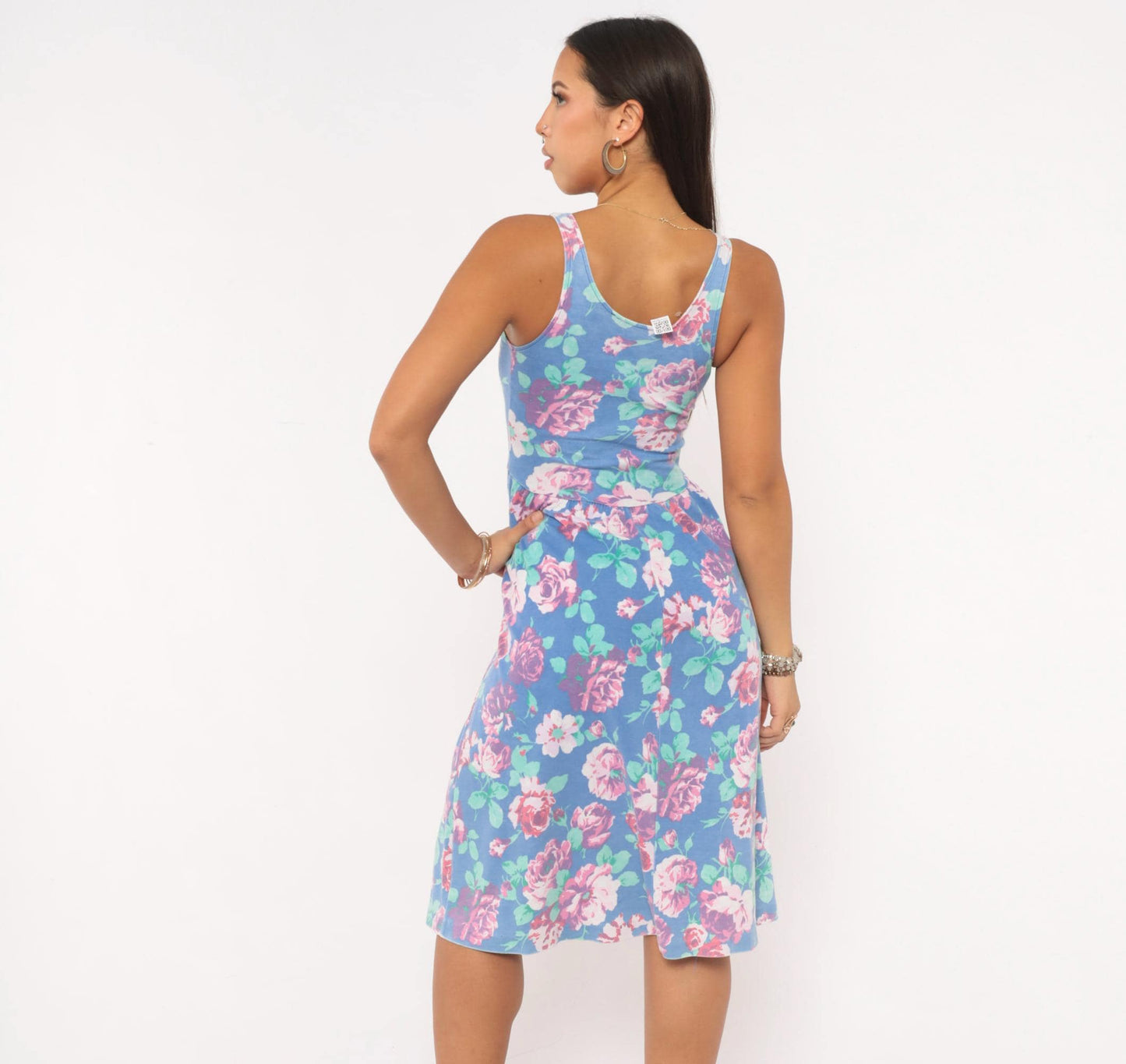 80s Periwinkle Floral Sundress Rose Print Gathered Skirt Knee Length XS