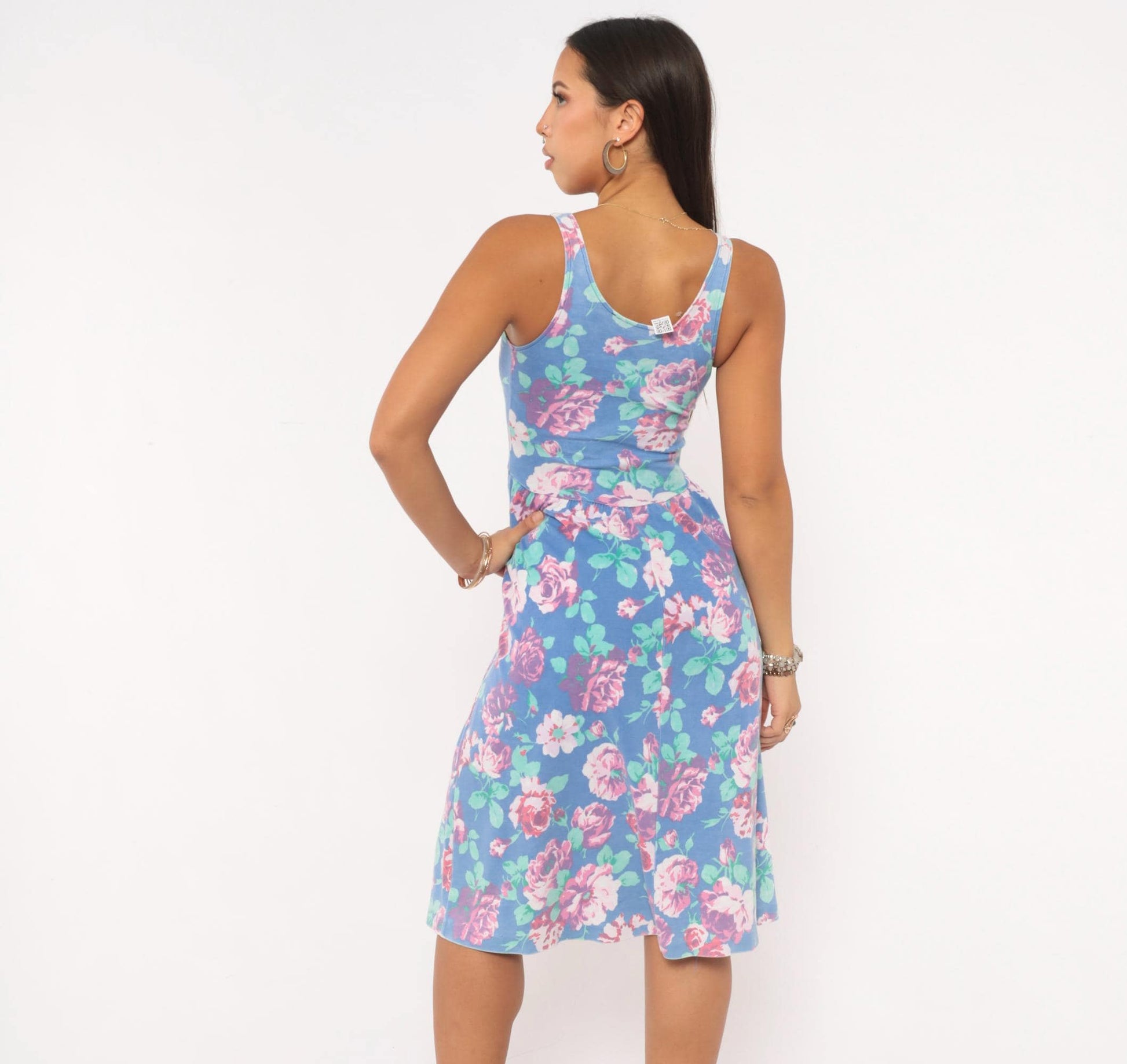 80s Periwinkle Floral Sundress Rose Print Gathered Skirt Knee Length XS
