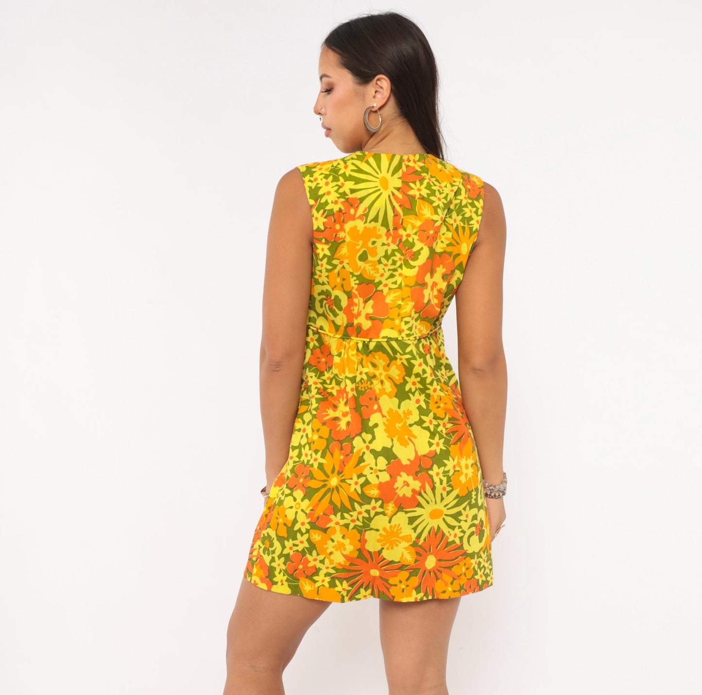70s Ruth Clarage Psychedelic Floral Wrap Dress Mini Yellow Orange Small