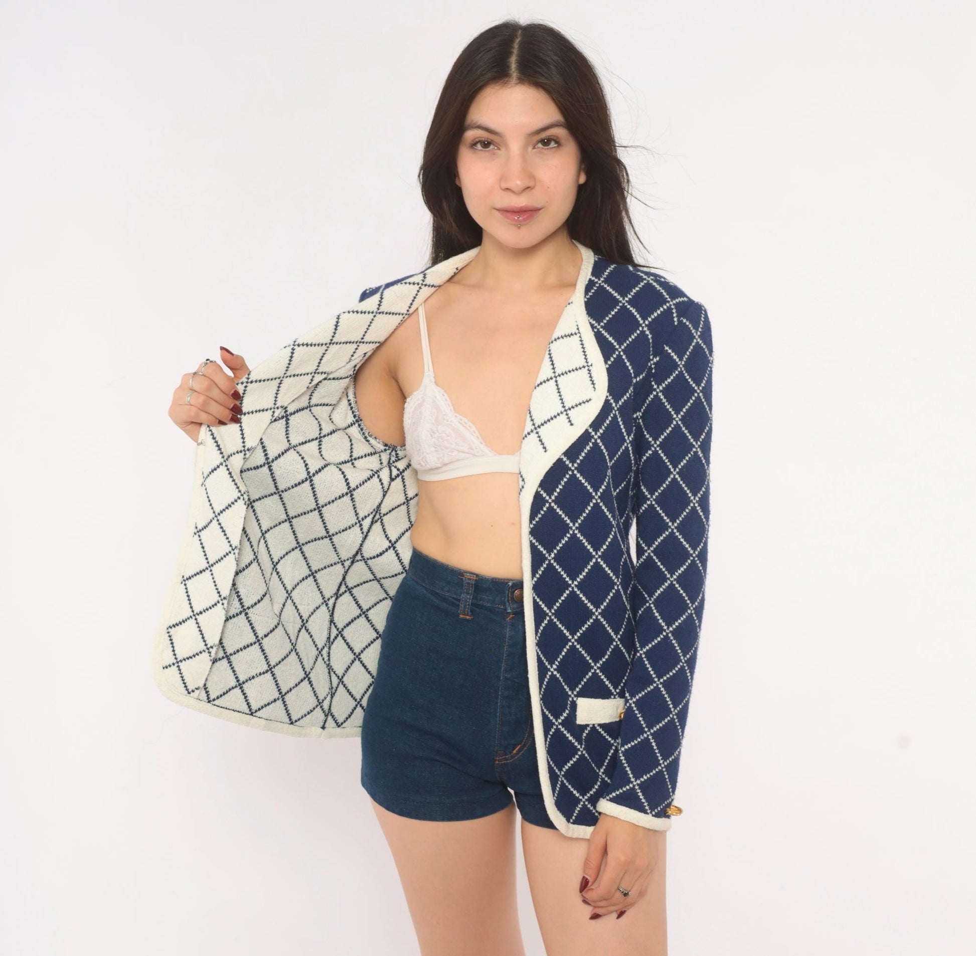 80s Castleberry Navy Diamond Knit Blazer White Trim Collarless Small
