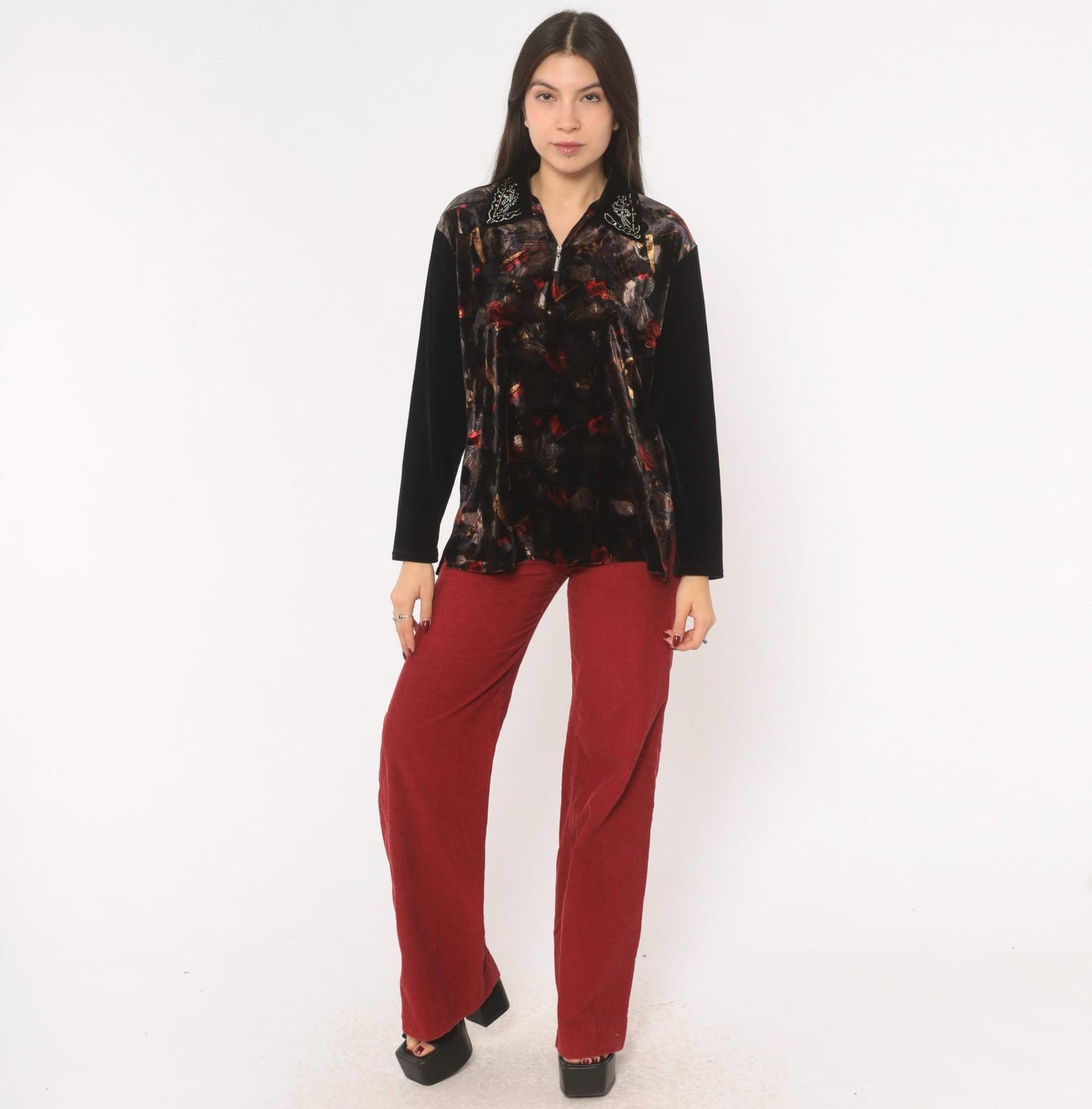 90s Black Velvet Blouse Rhinestone Collar Painterly Print Long Sleeve Medium M