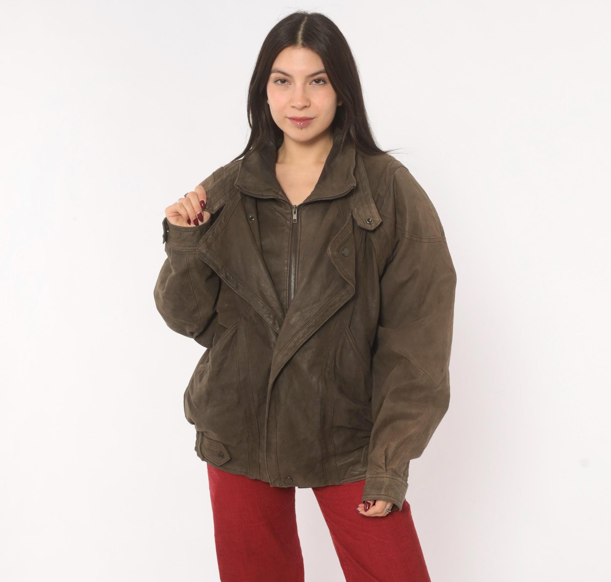80s Pelle Studio Brown Leather Bomber Jacket Batwing Moto Large L