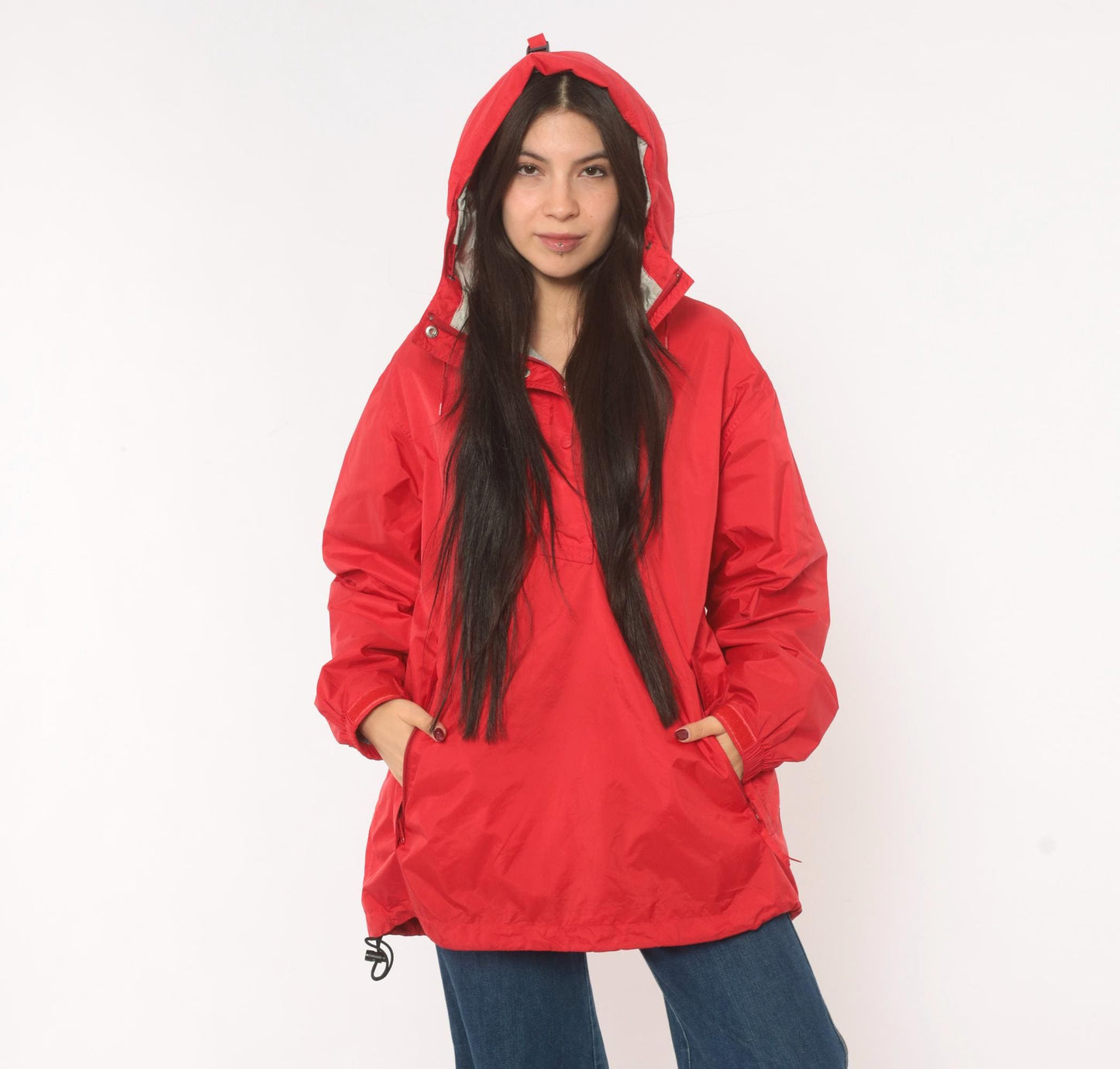 90s L.L.Bean Red Anorak Half-Zip Nylon Windbreaker Jacket Large L
