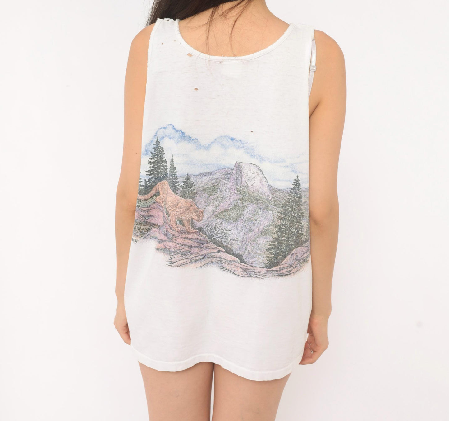 90s Yosemite Mountain Lion Tank Top White Graphic Nature Cotton Large L