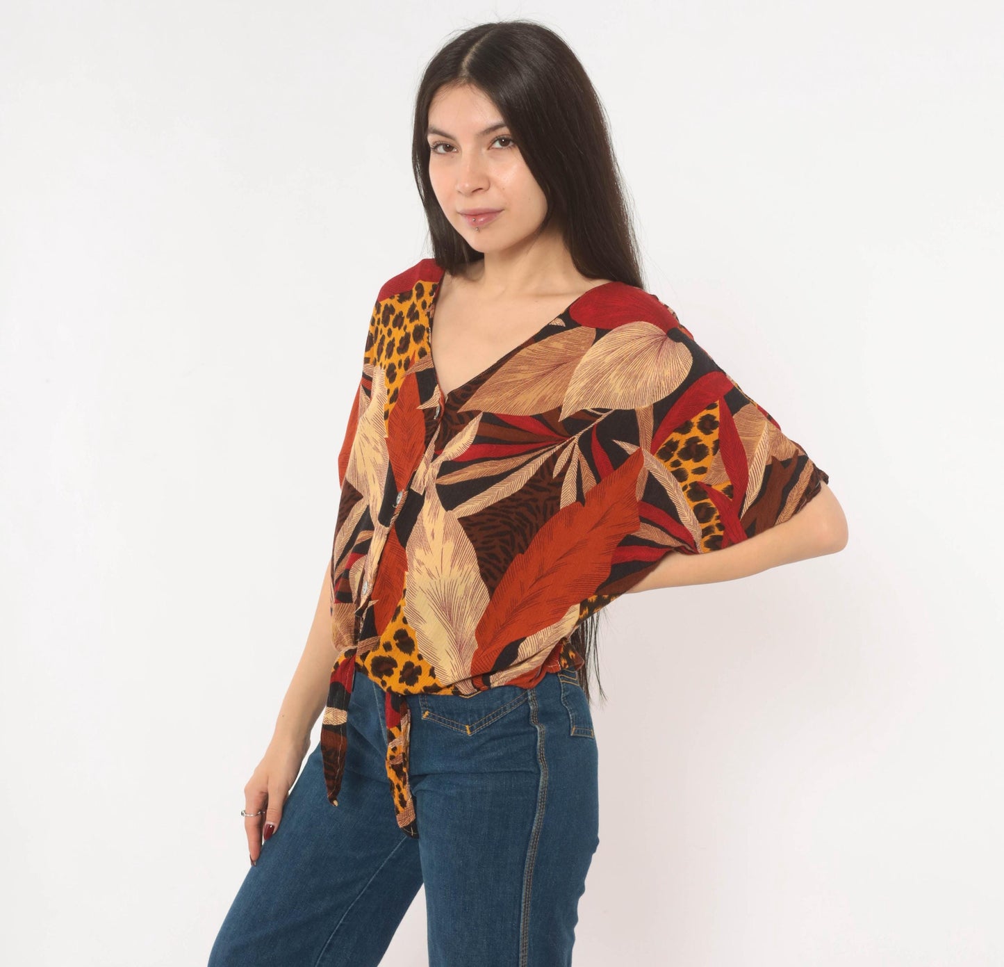90s Options Melrose Tropical Leopard Button Blouse Tie Front Large L