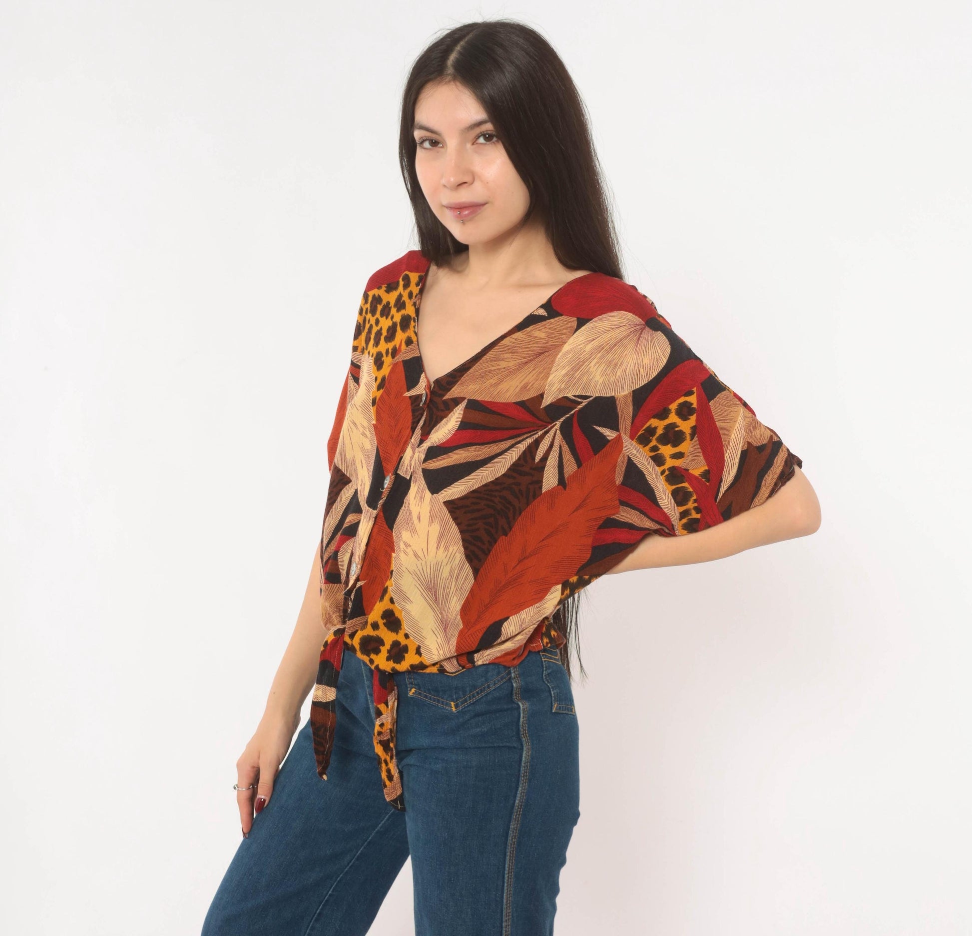90s Options Melrose Tropical Leopard Button Blouse Tie Front Large L