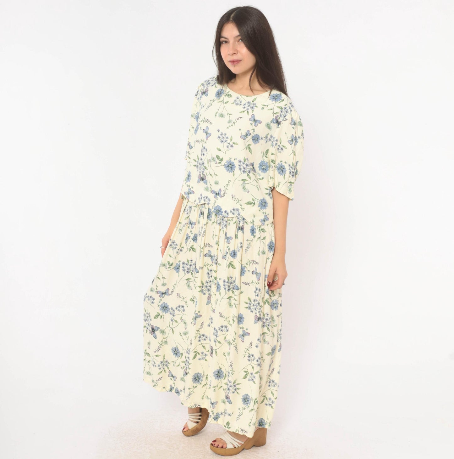 90s SL Fashions Floral Maxi Dress Cream Blue Lavender Peplum Short Sleeve Extra Large XXL