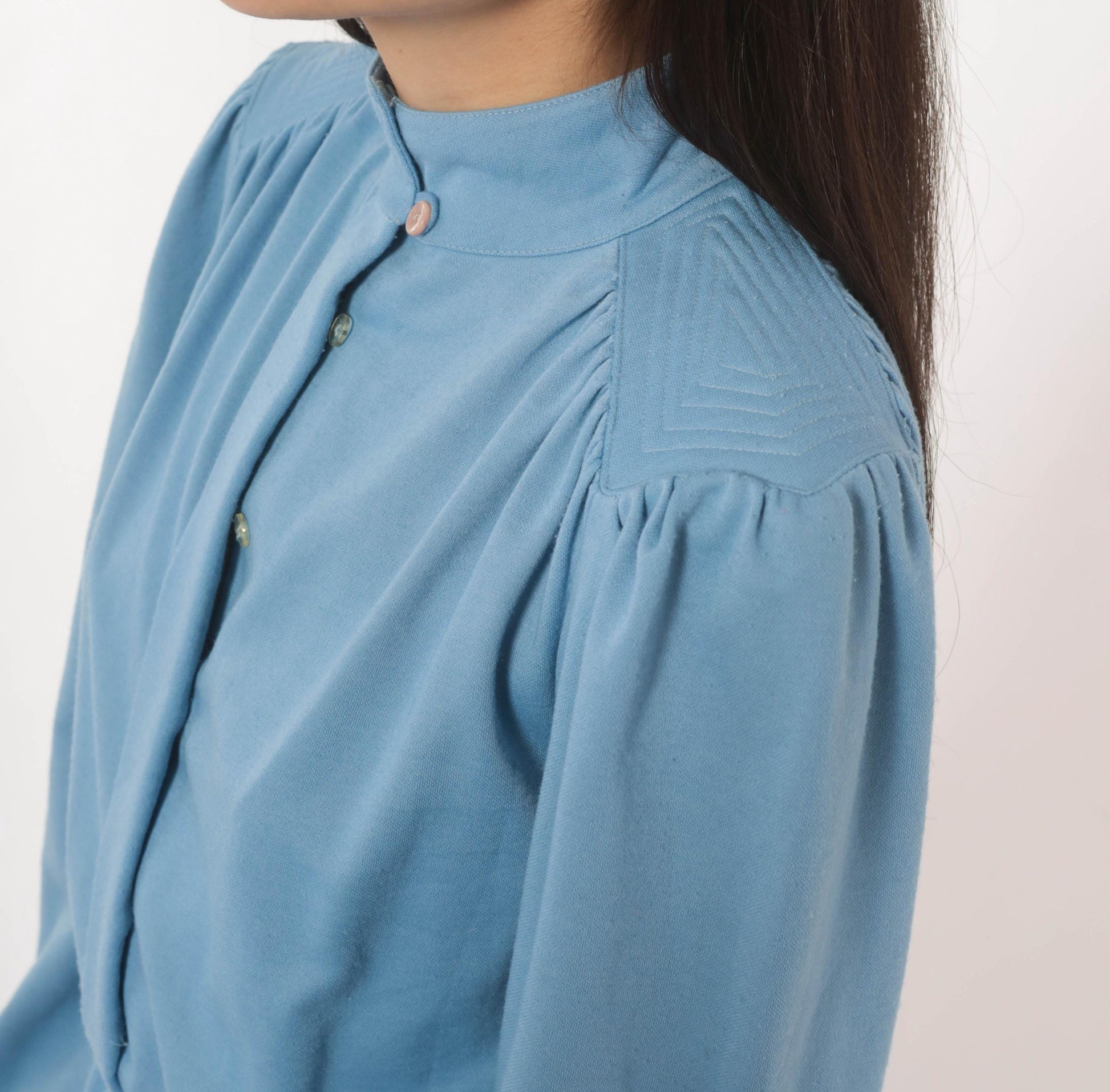 70s Sky Blue Sunshine Alley Dress Bishop Sleeve Quilted Yoke Knee Length Medium M