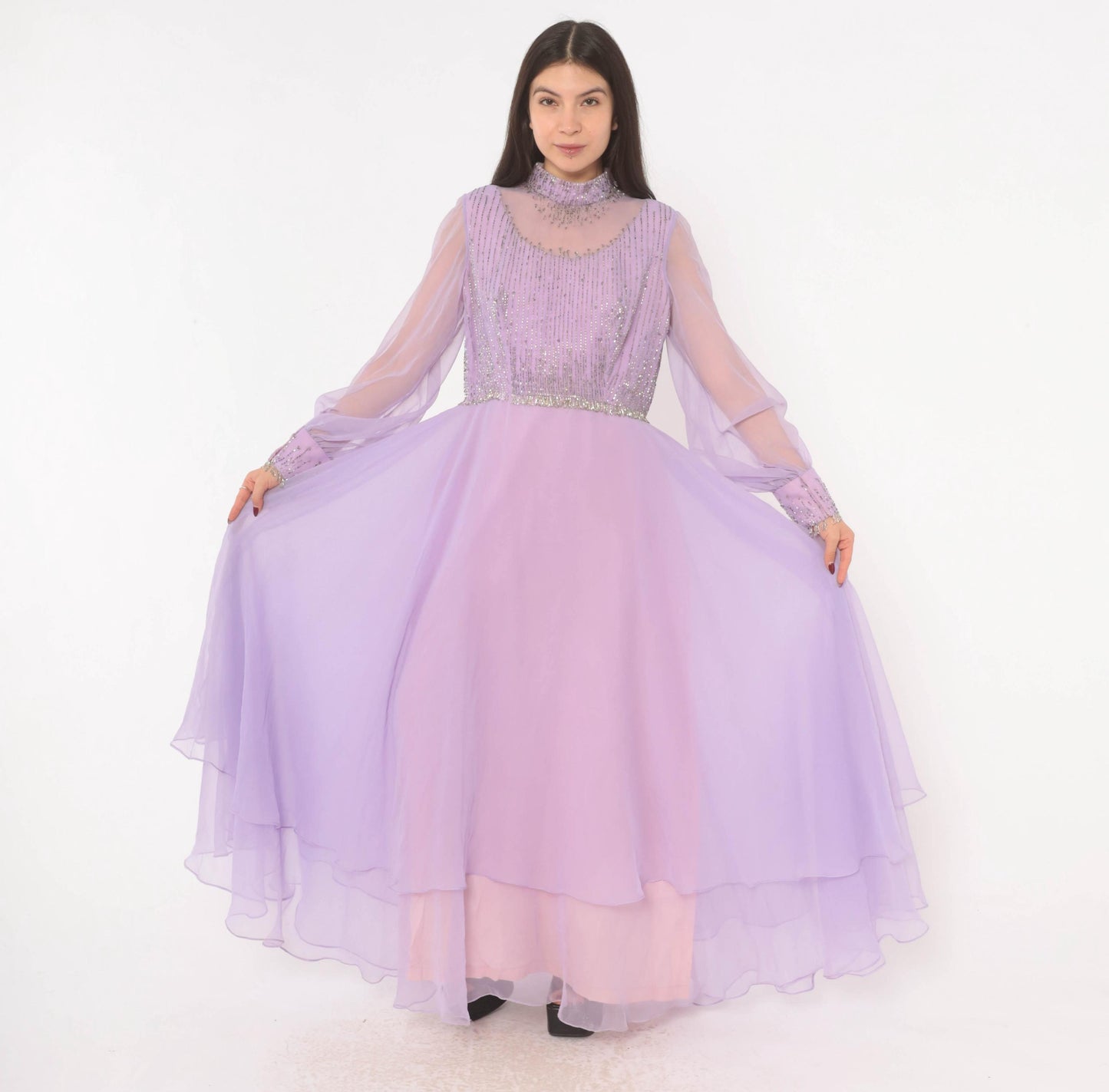 70s Lavender Chiffon Maxi Dress Beaded Bodice Bishop Sleeve Evening Gown Large L