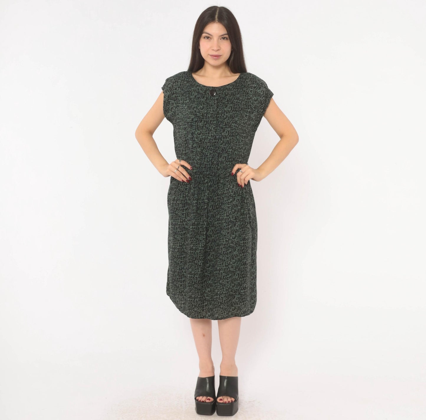 90s Items Abstract Print Dress Olive Black Cap Sleeve Medium M