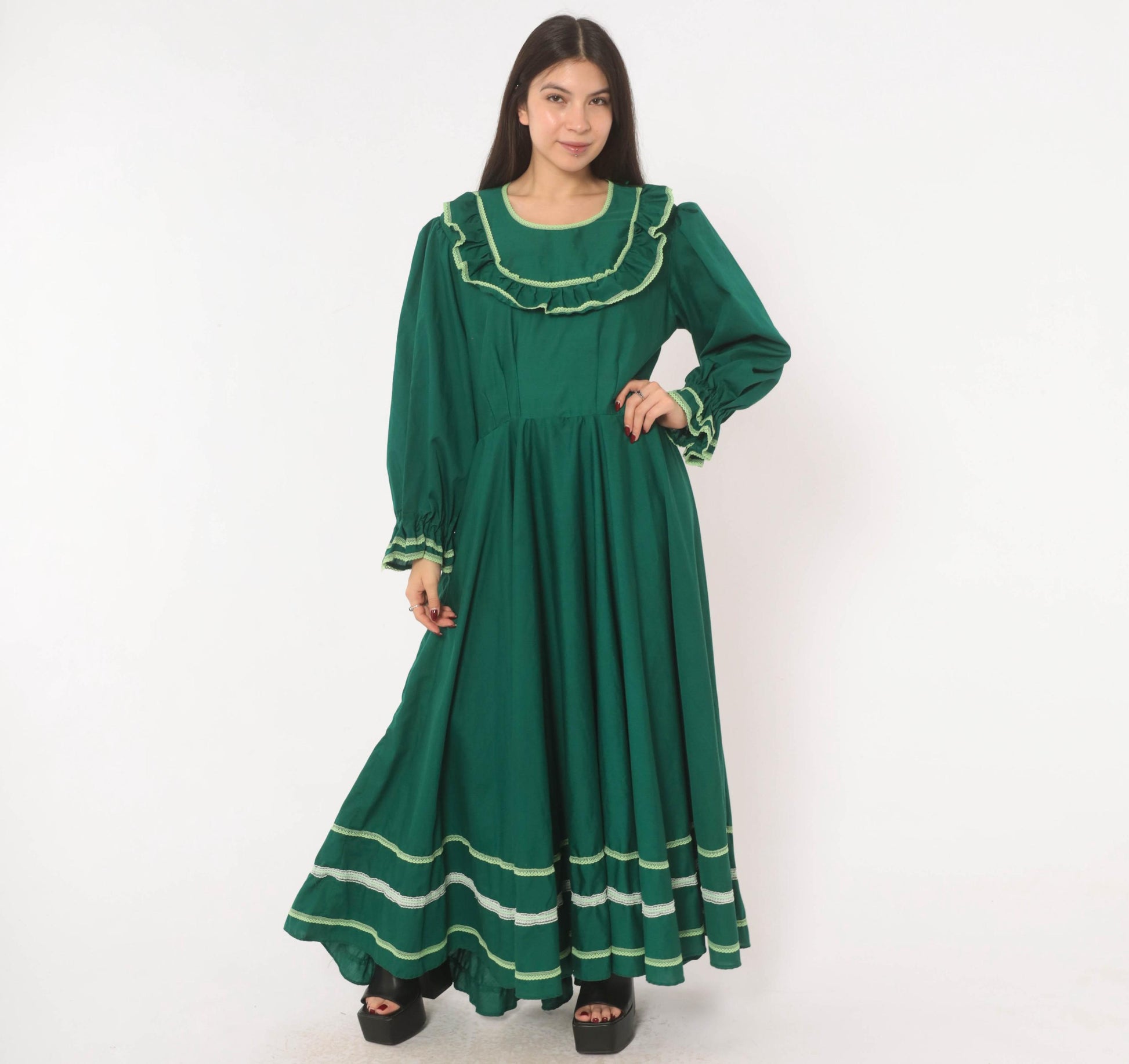 70s Forest Green Prairie Maxi Dress Lace Ruffle Puff Sleeve Large L