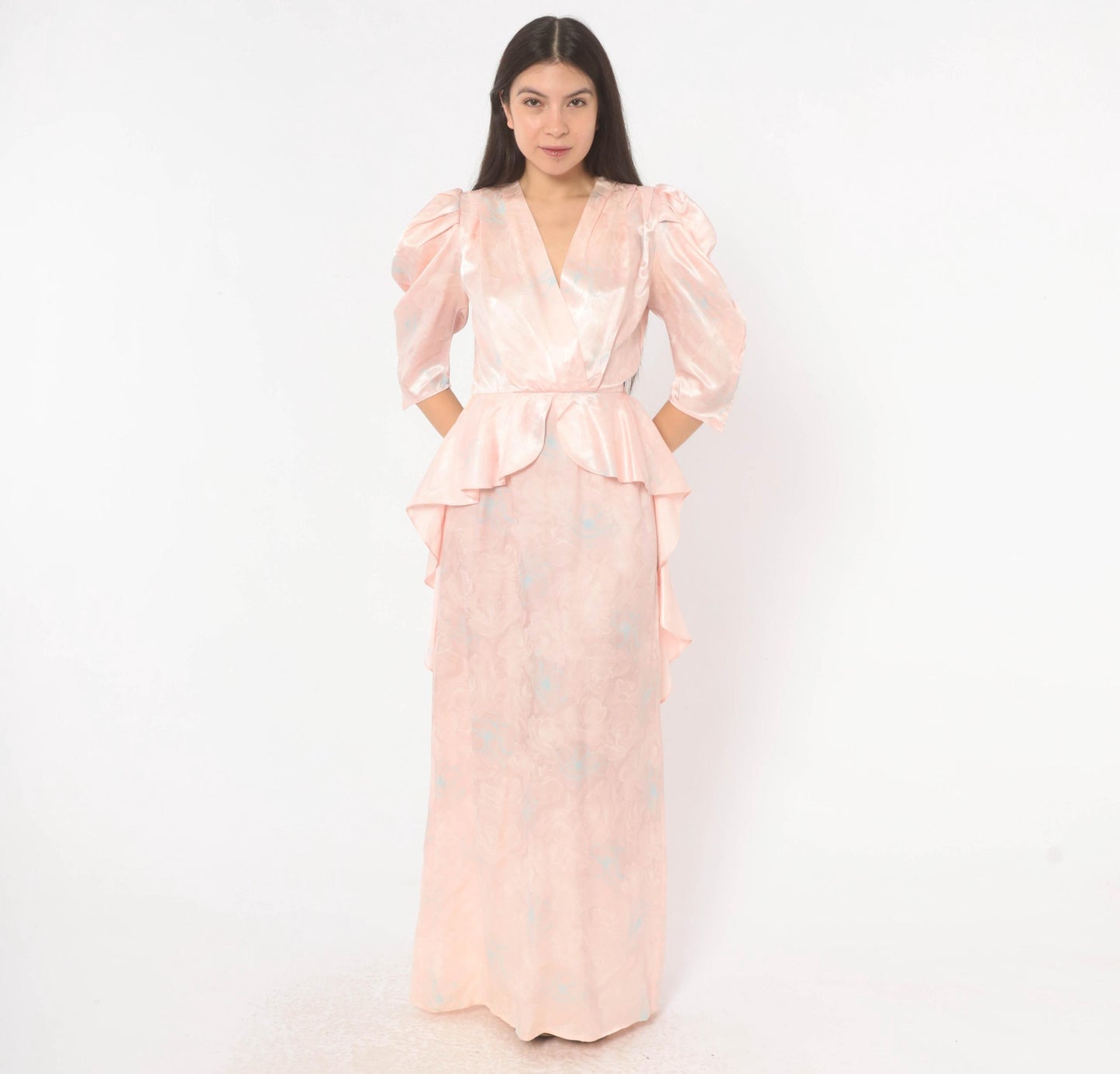 80s Zum Zum Puff Sleeve Maxi Gown Blush Pink Jacquard Floral Extra Small XS