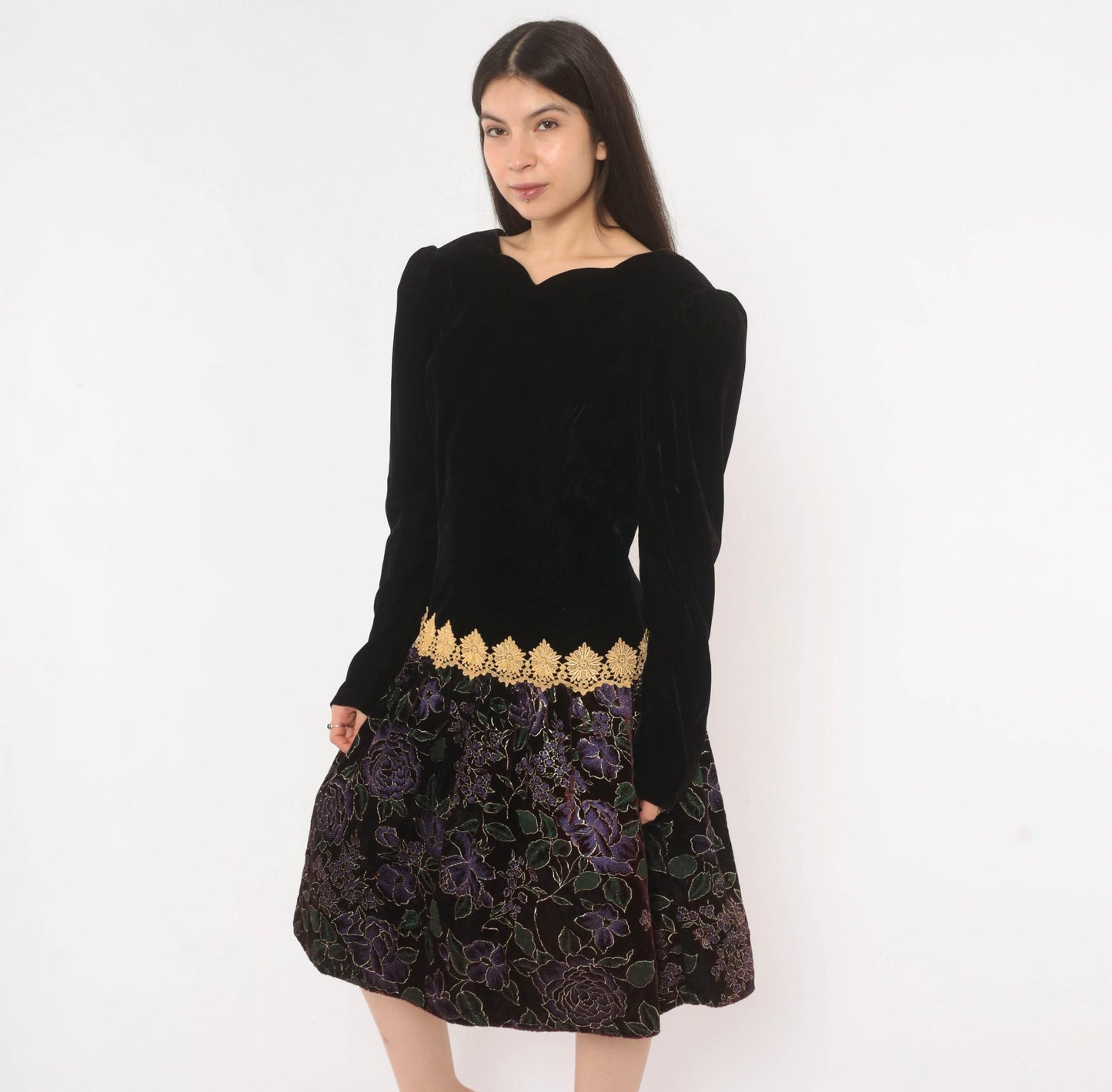 90s Scott Mcclintock Black Velvet Drop Waist Dress Purple Floral Open Back Large