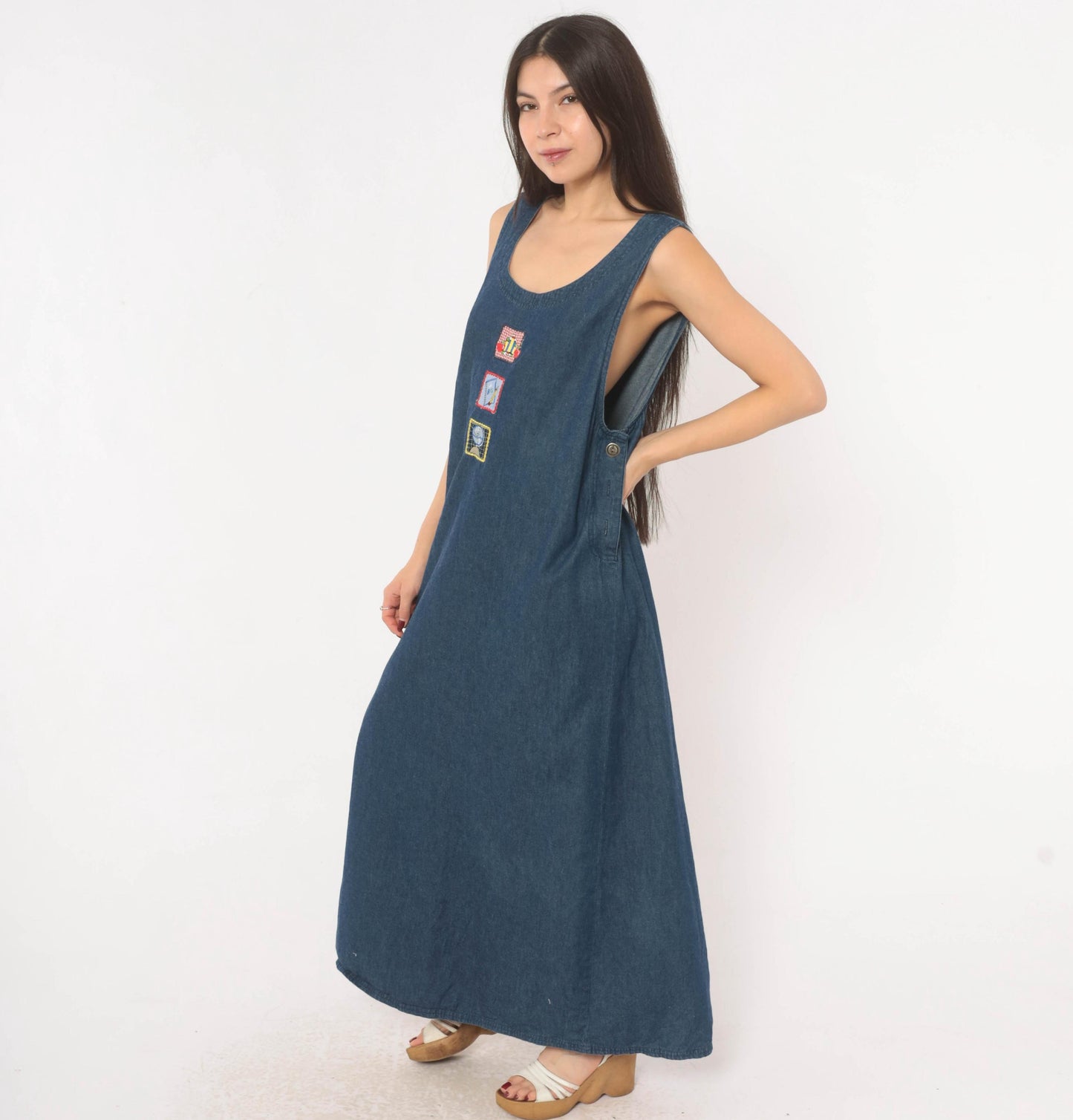 90s White Stag Navy Denim Maxi Jumper Dress School Patches Large L