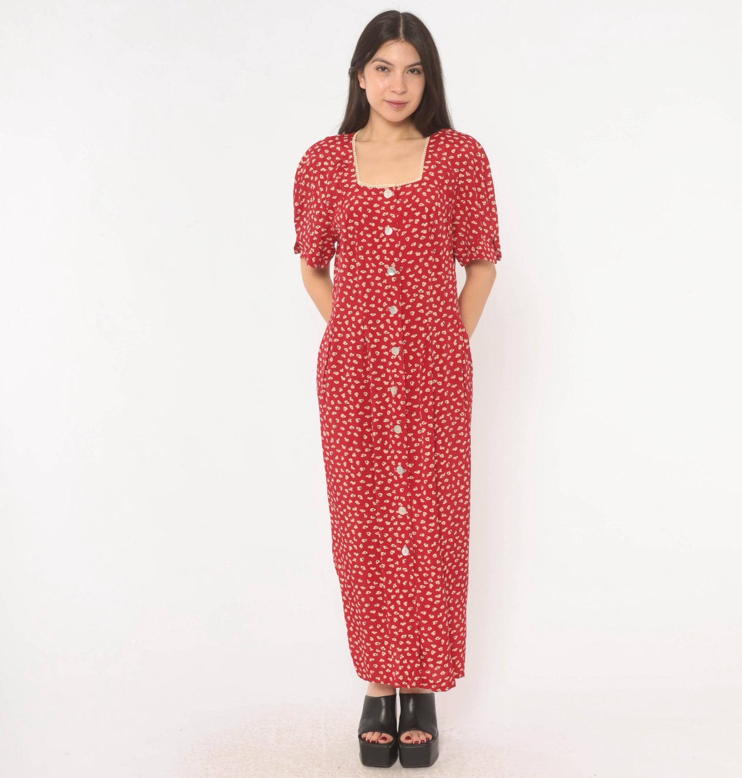 90s Anthony Mark Hankins Red Floral Maxi Dress Square Neck Lace Trim Large L