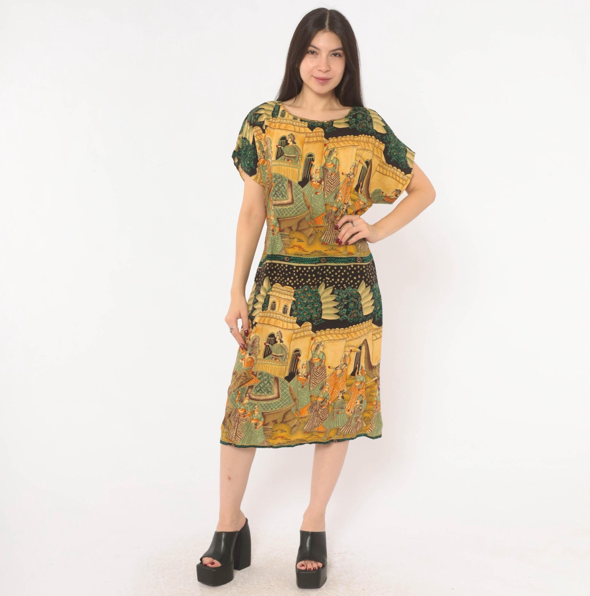 90s Mughal Palace Print Shift Dress Mustard Green Rayon Medium M