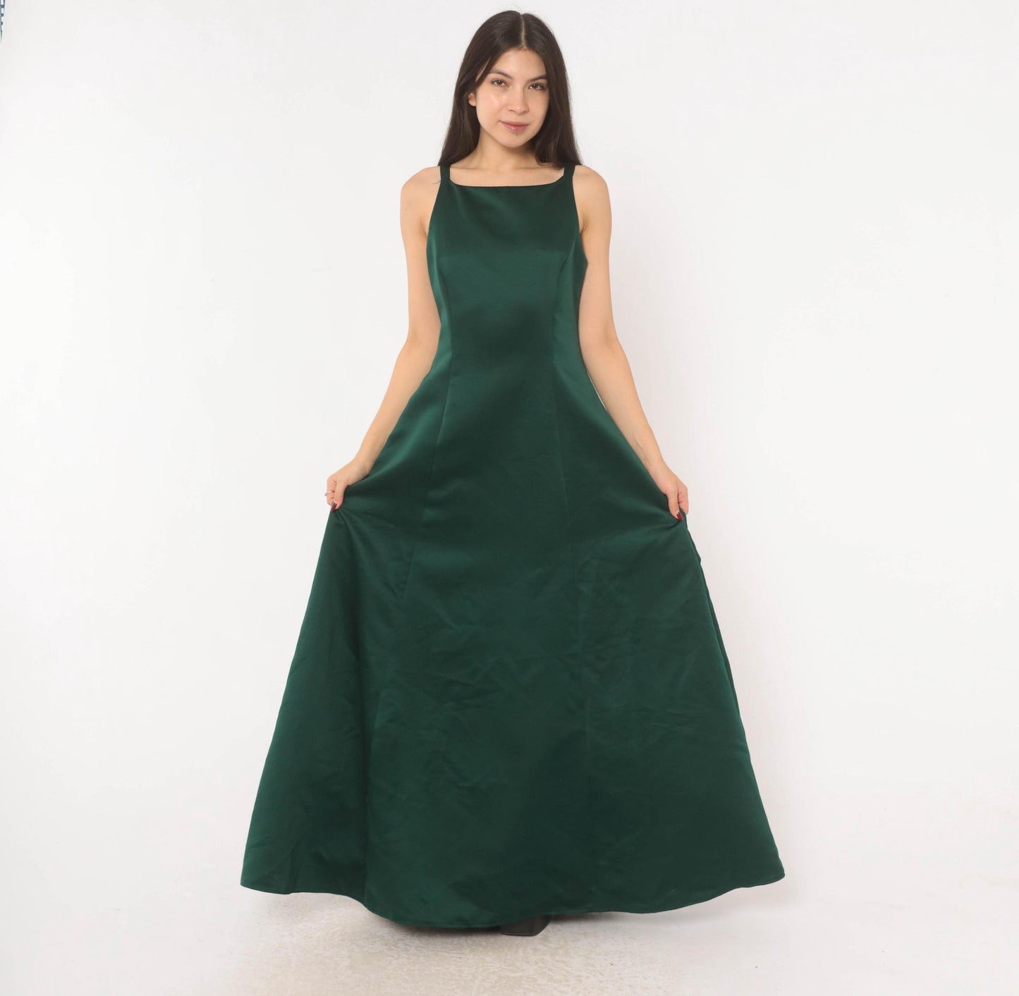 90s Betsy & Adam Emerald Satin Maxi Gown Square Neck A-Line Evening Dress Small