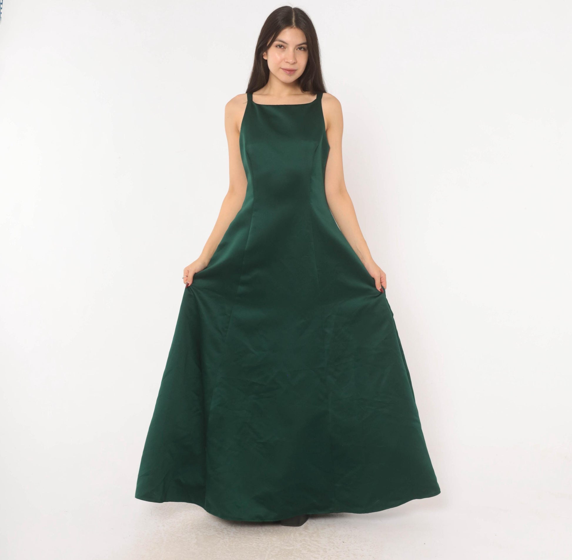 90s Betsy & Adam Emerald Satin Maxi Gown Square Neck A-Line Evening Dress Small