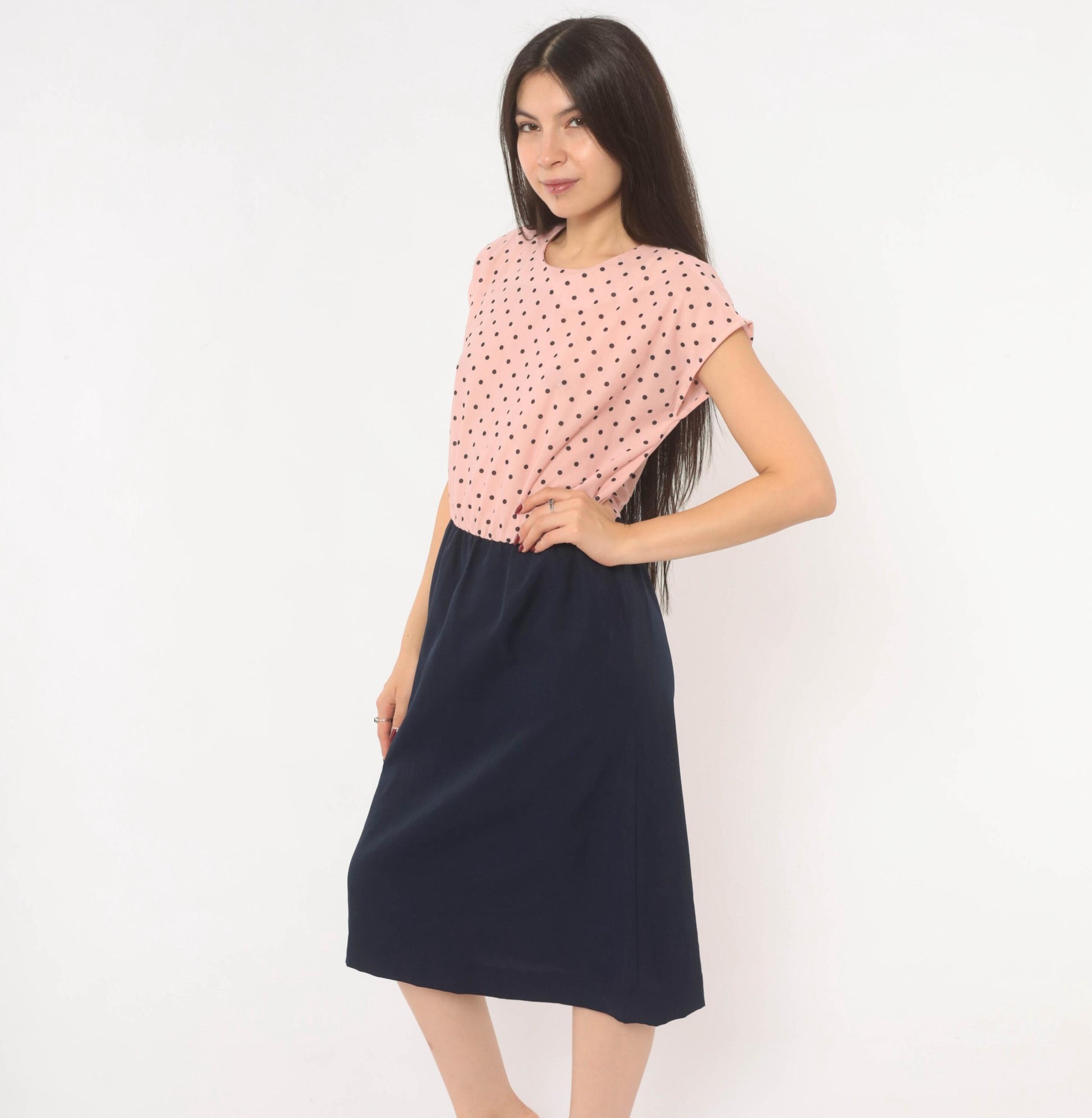 80s Two-Tone Polka Dot Dress Pink Navy Cap Sleeve A-Line Medium M