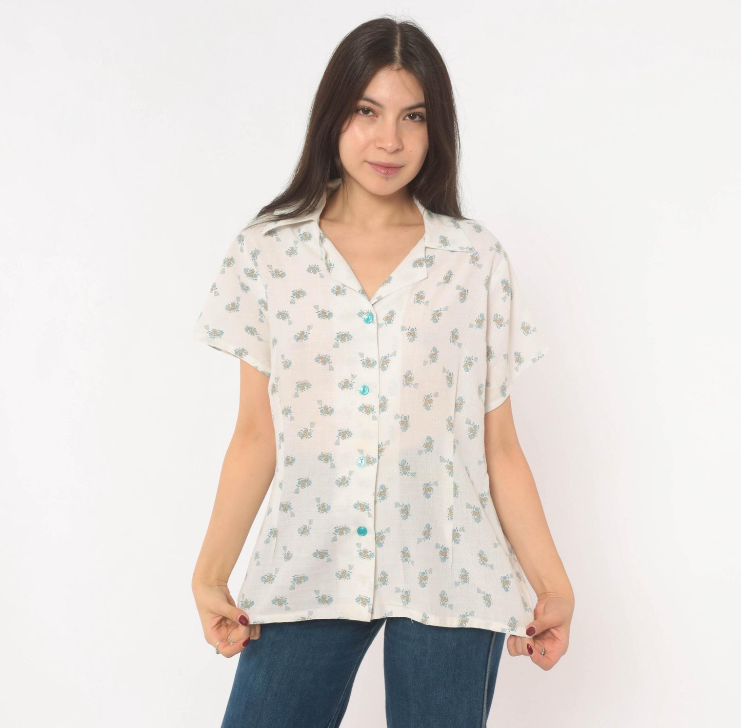 70s White Floral Camp Collar Shirt Cotton Blue Ditsy Print Large L