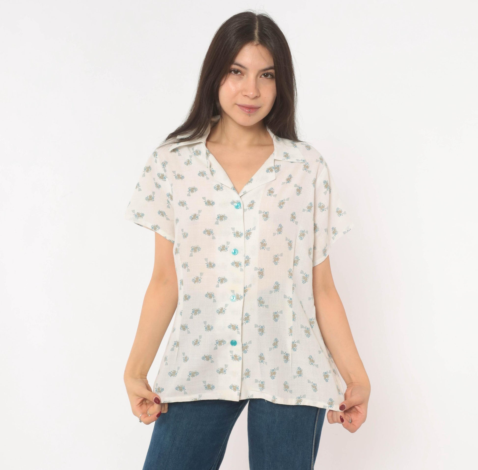 70s White Floral Camp Collar Shirt Cotton Blue Ditsy Print Large L