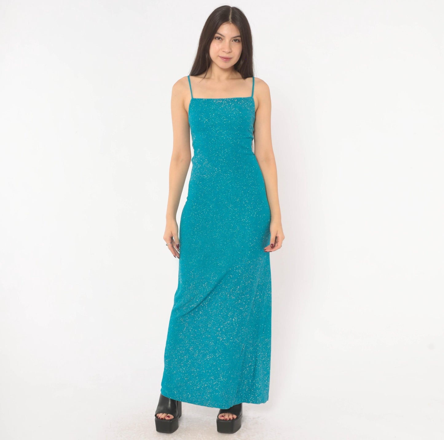 2000s City Triangles Teal Glitter Maxi Dress Lace-Up Back Small