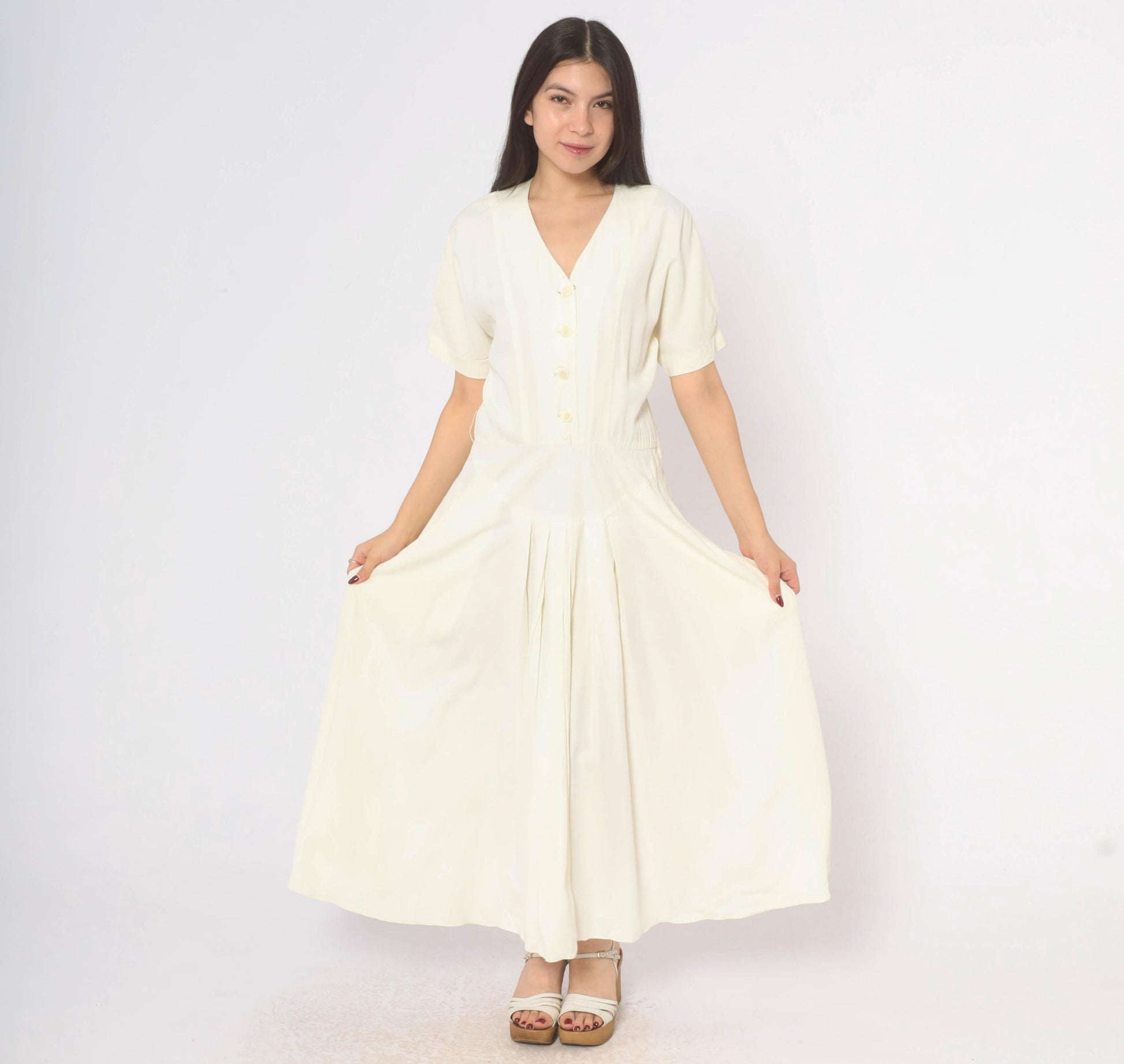 90s E.D. Michaels Cream Button Front Maxi Dress Puff Sleeve Drop Waist Medium M