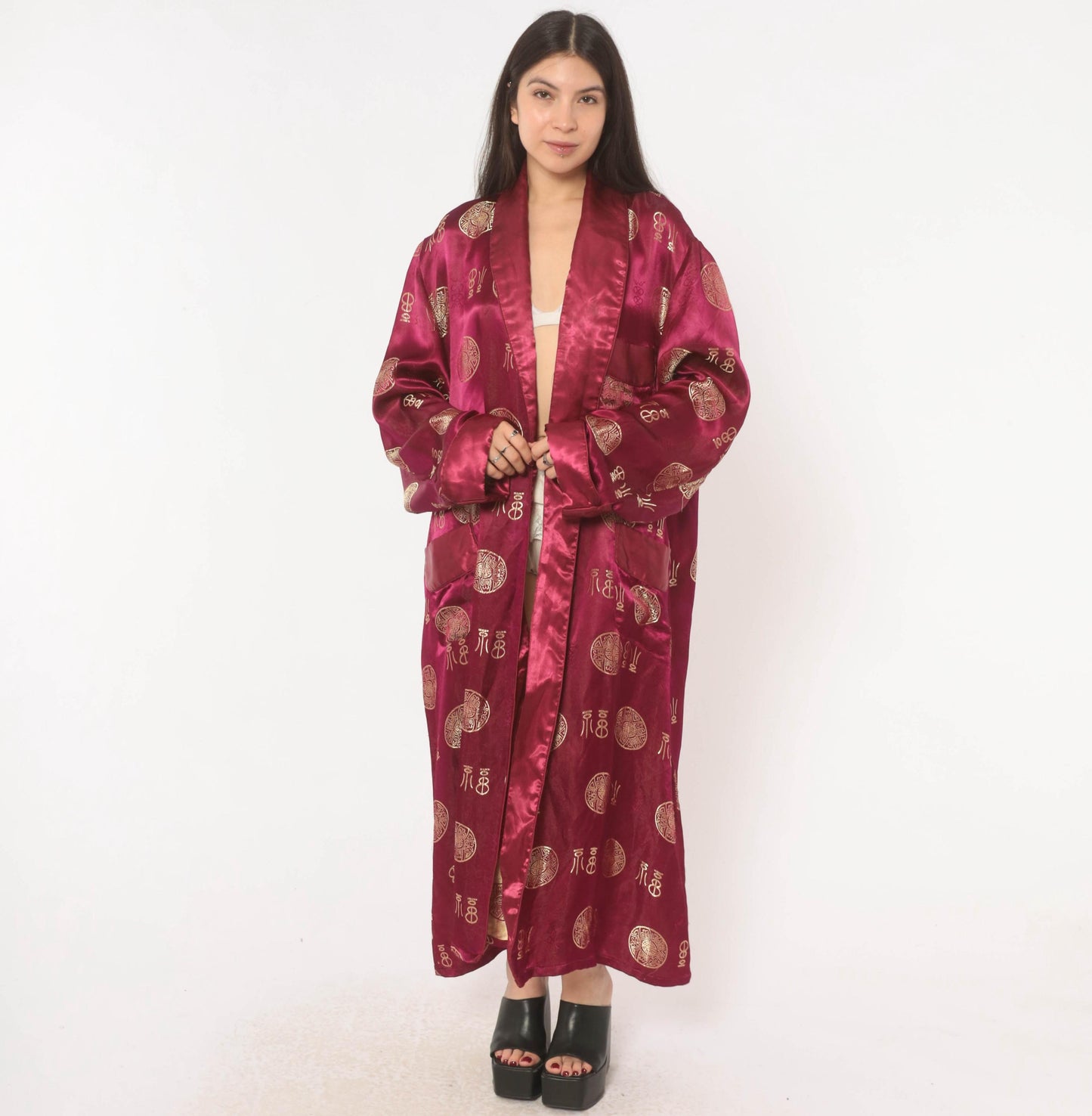 90s Magenta Satin Robe Gold Jacquard Medallion Kimono Maxi Duster Large L